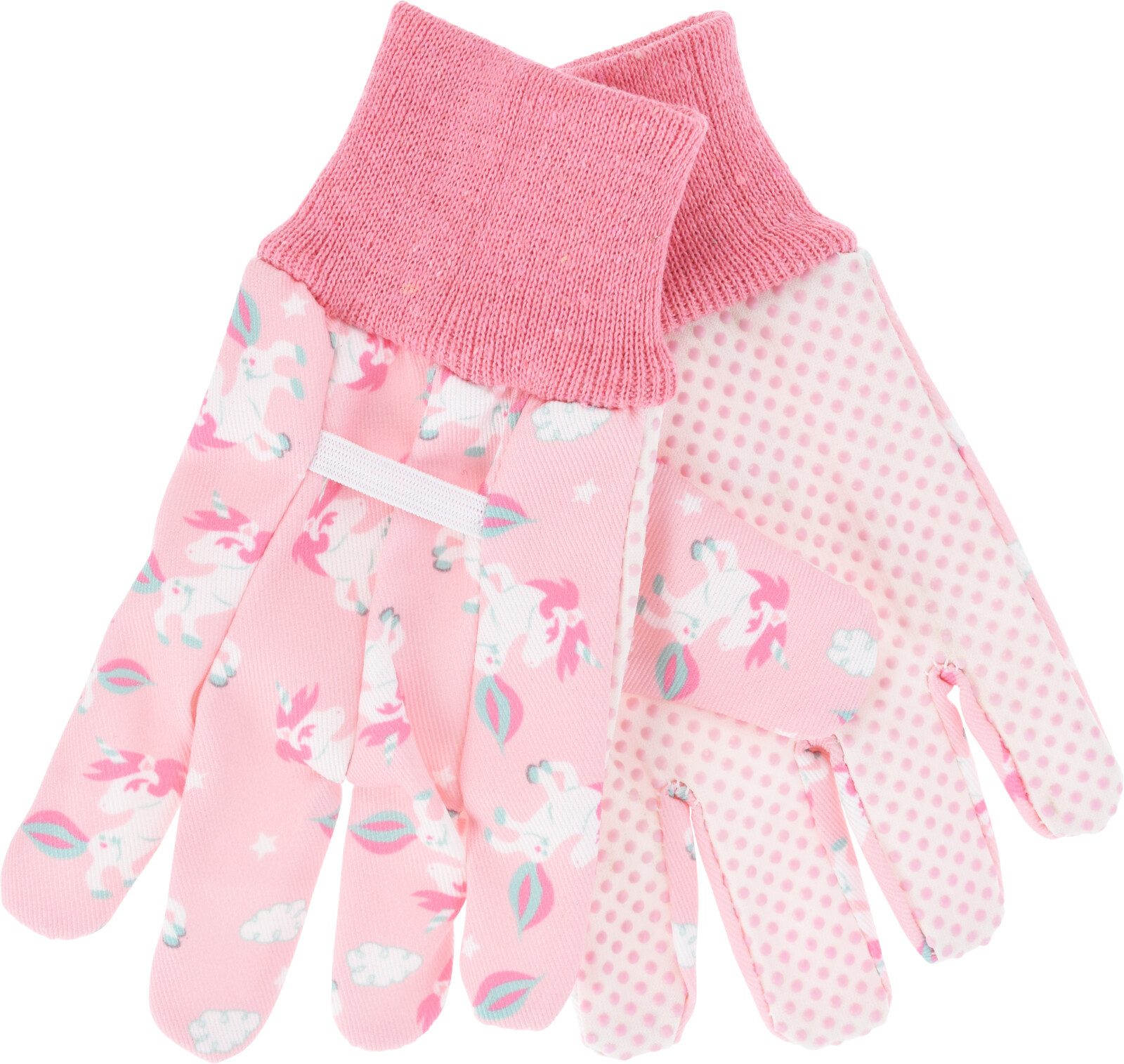 Koopman Gartenhandschuhe Kinderhandschuh Tiermotiv Stoff Einheitsgröße Gelb/Rosa/Grün/Blau (1-St) Gummiband, mit Einhorn Motiv, UNi Size, Baumwolle
