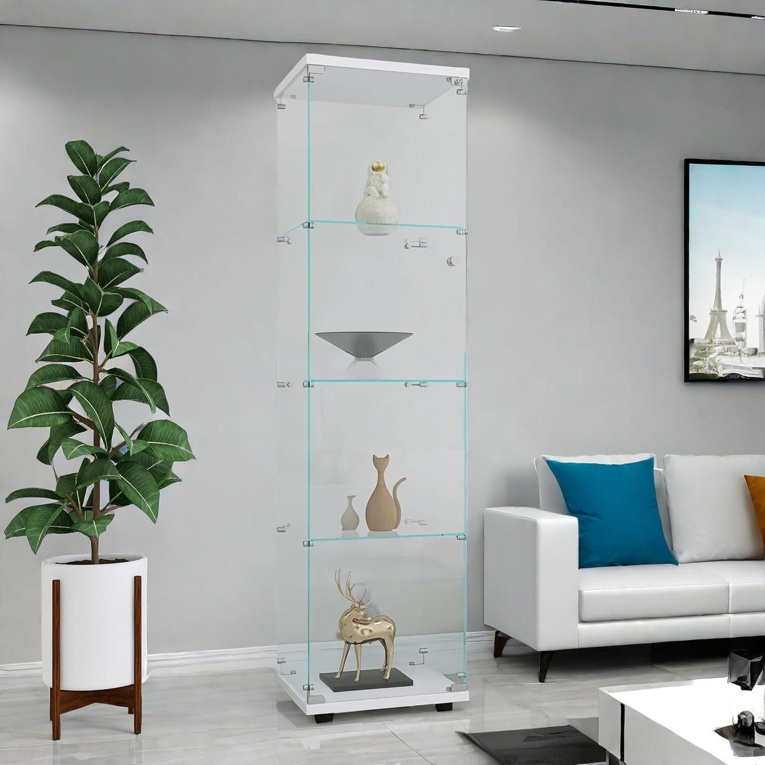 LuxusKollektion Glasvitrine Vitrine Glas 4 Regale freistehend Schloss Weiß 42,5 x 36,5 x 164 cm