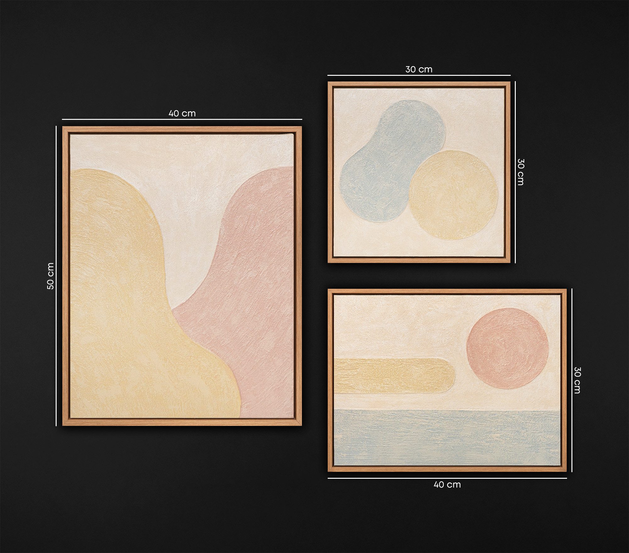 YS-Art Gemälde "Verschmelzung der Farbtöne", Organische Formen (Set, 3 St), Bilder Set mit Rahmen - Wandbilder Set Modern Abstrakt Beige