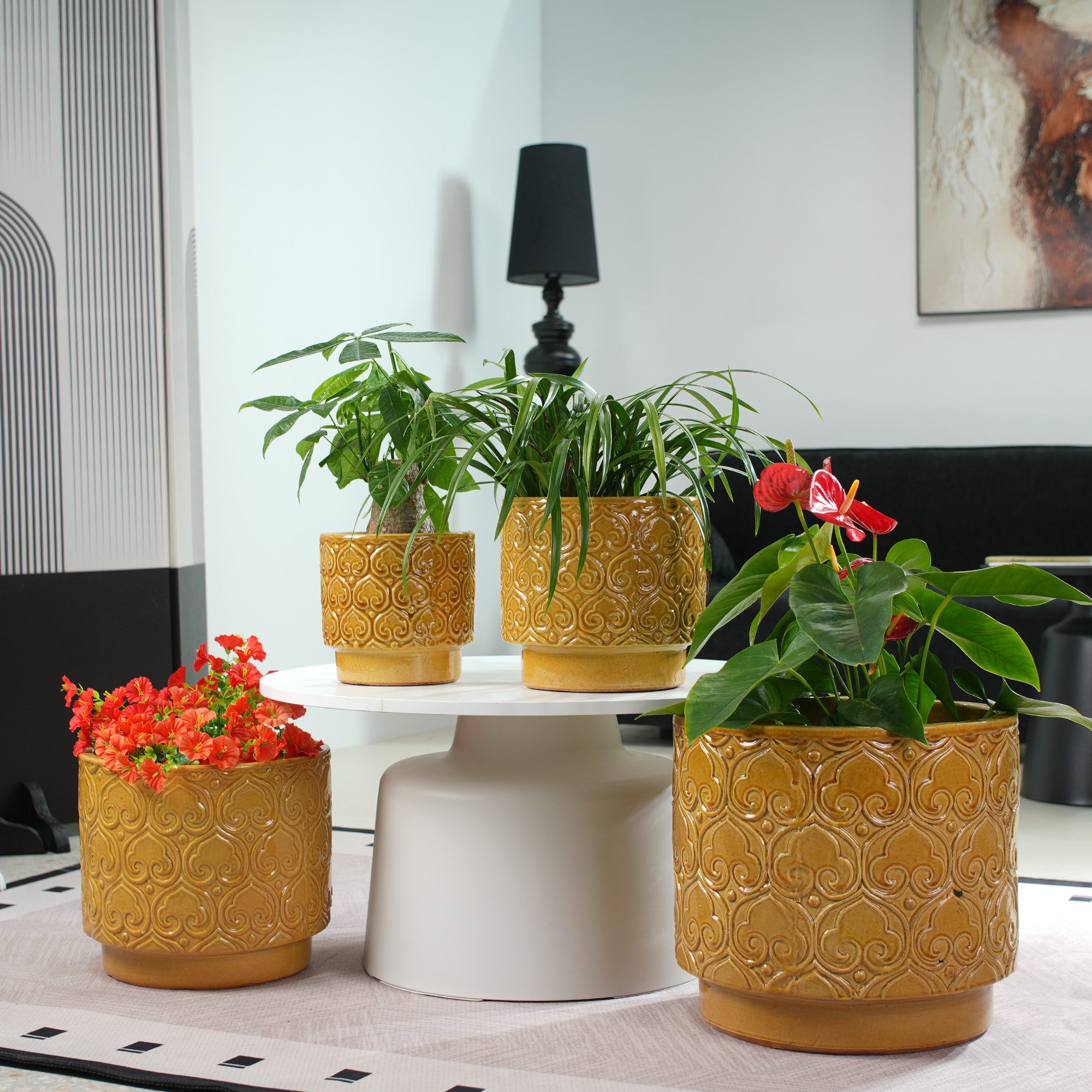 Odikalo Blumentopf Handgefertigter Keramik Pflanztopf-Set mit Ablauflöchern (38/31,5/24/19) glänzendes Blau mit rundem Herz-Schwung-Relief atmungsaktiv frostsicher mit Ablauflöchern für Innen Balkon und Garten)