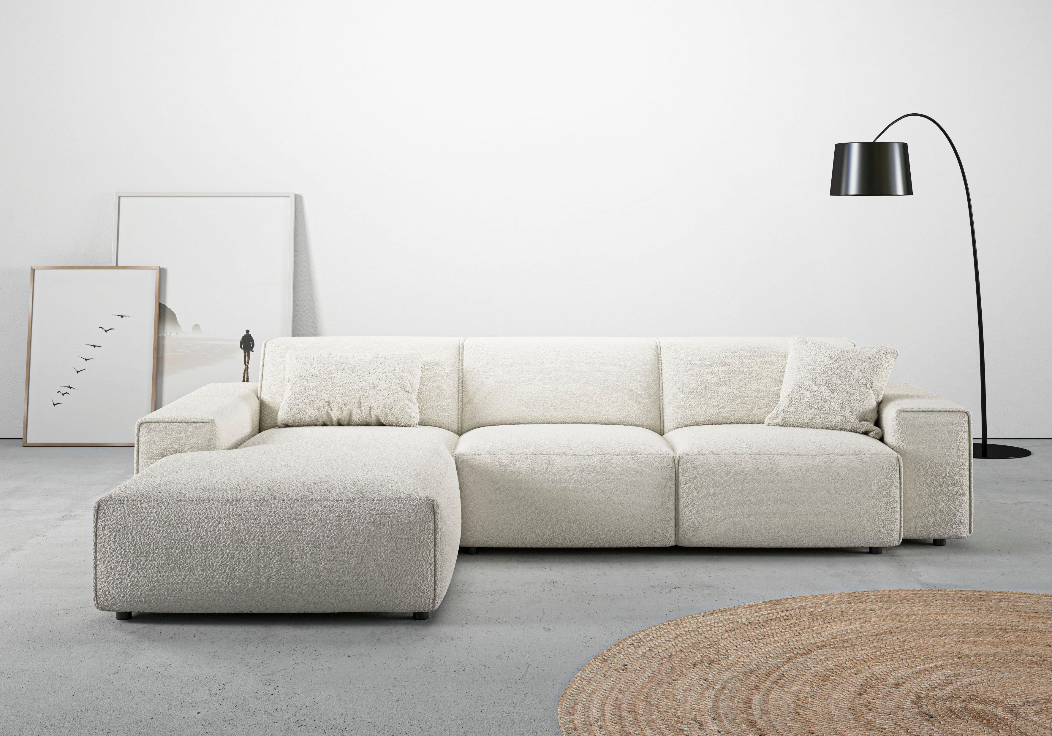 andas Ecksofa Glimminge auch in Breitcord, Feincord, Bouclé + Easy care-Bezug, L-Form, Breite 294, Zierkissen