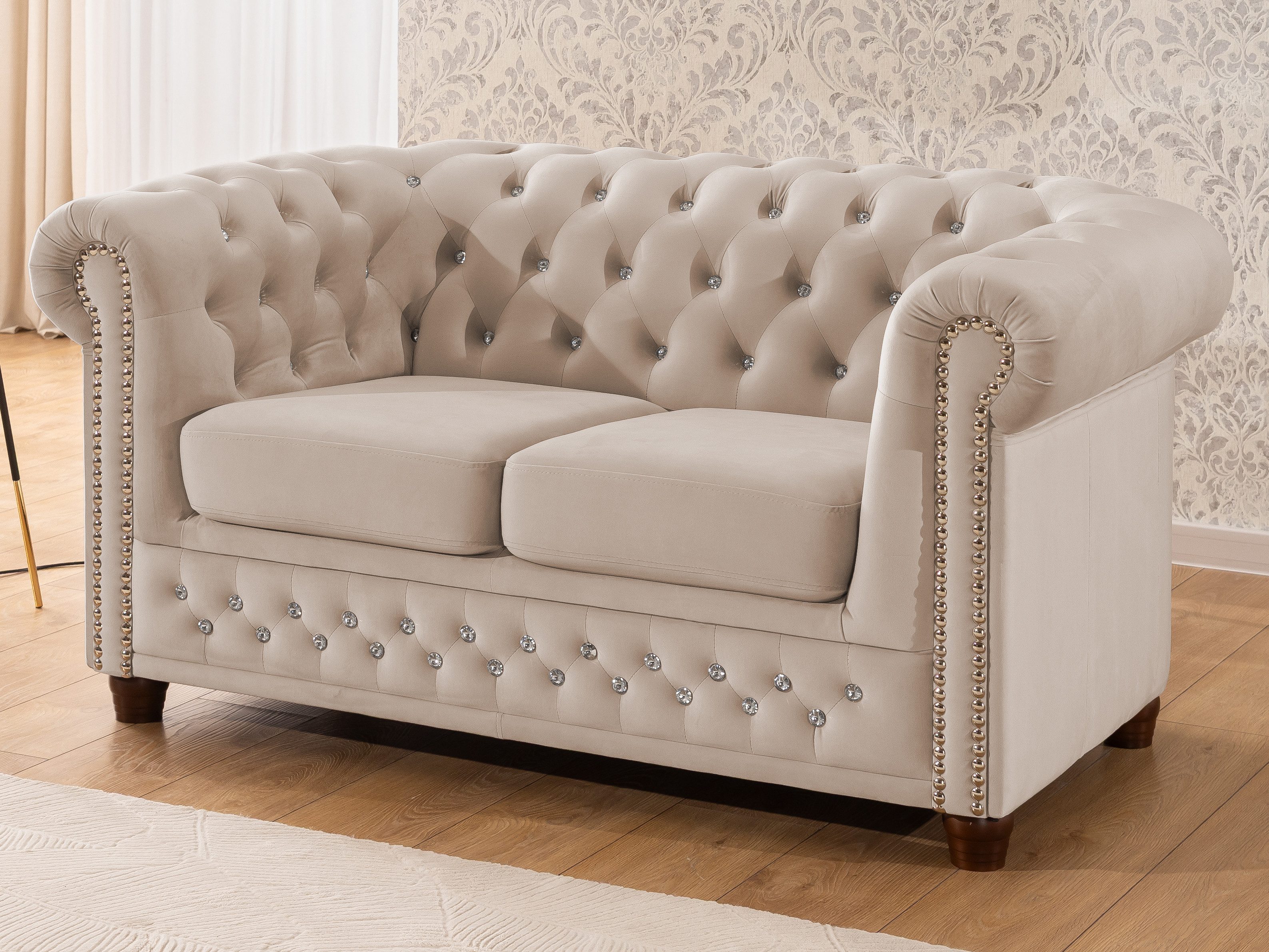S-Style Möbel Polstergarnitur Chesterfield 3+2+1 Cleo Blink aus Samt mit Kristallsteppung, (1x 3-Sitzer-Sofa, 1x 2-Sitzer-Sofa, 1x Sessel), mit Wellenfederung – Bild 4 von 5