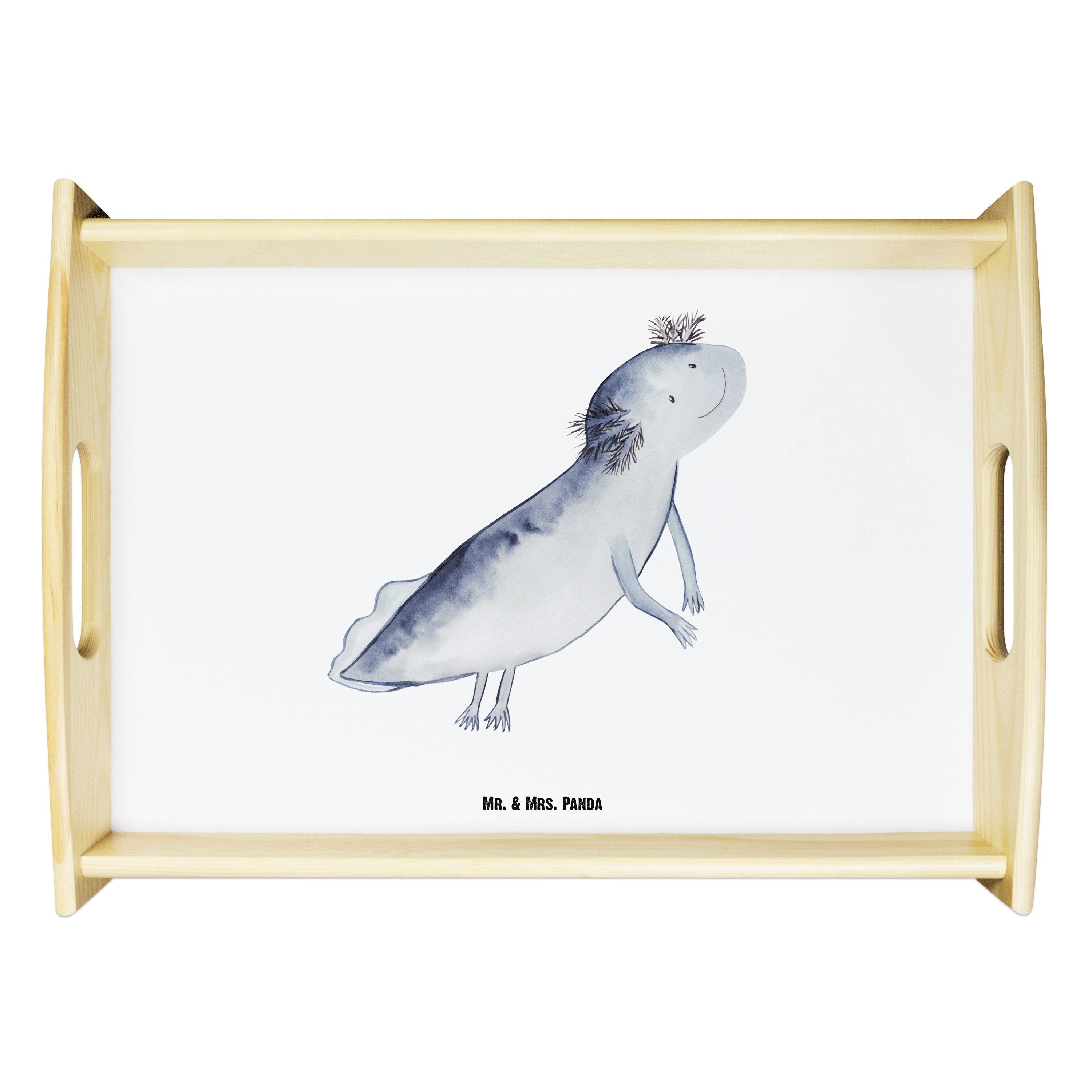 Mr. & Mrs. Panda Tablett Axolotl schwimmt - Weiß - Geschenk, Dekotablett, froh, Lurch, Küchent, Echtholz lasiert, (1-tlg)
