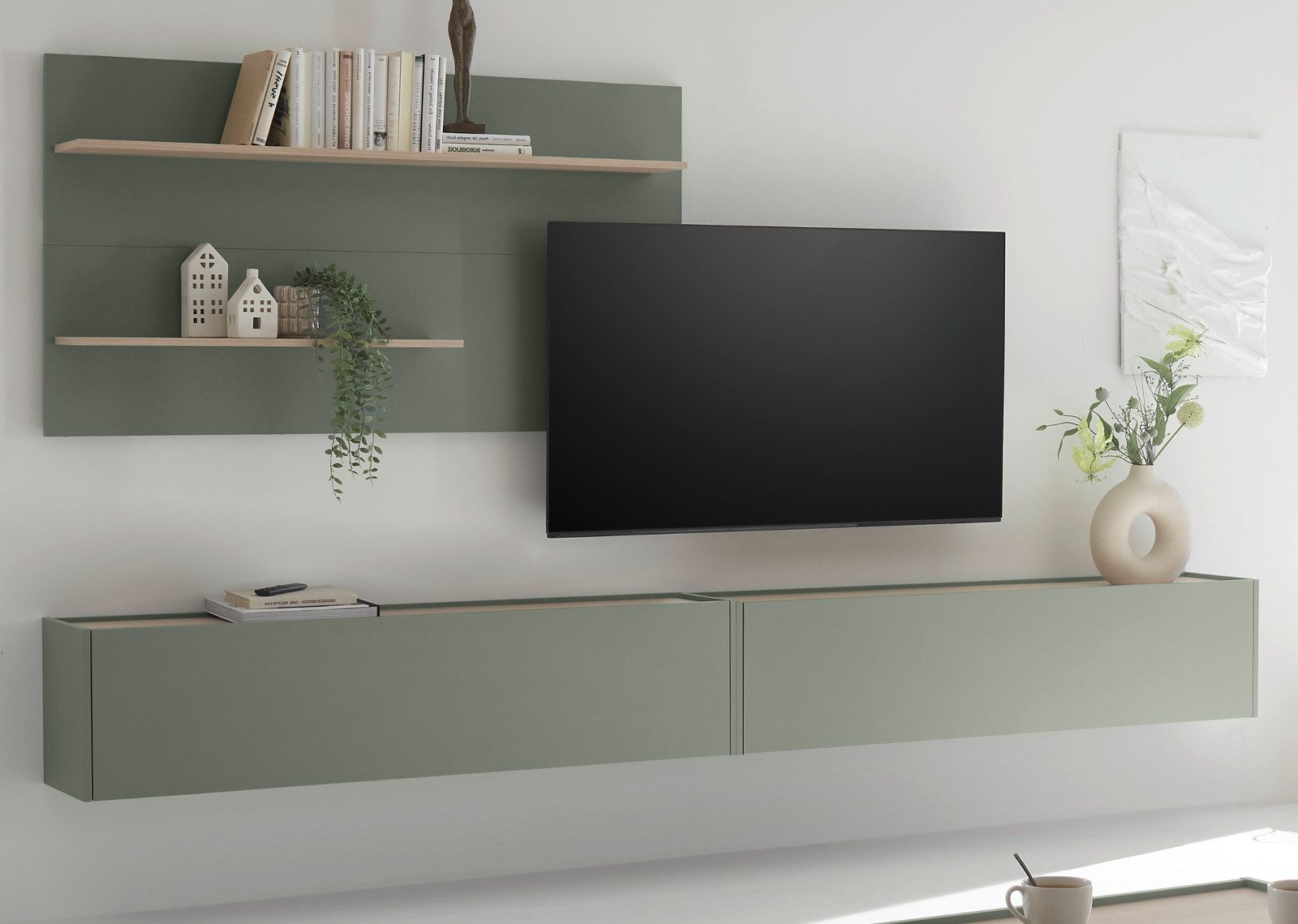 Furn.Design Wohnwand Center, (Set in Salbei Grün mit Eiche, 3-teilig, 300 x 180 cm), mit großem TV Lowboard