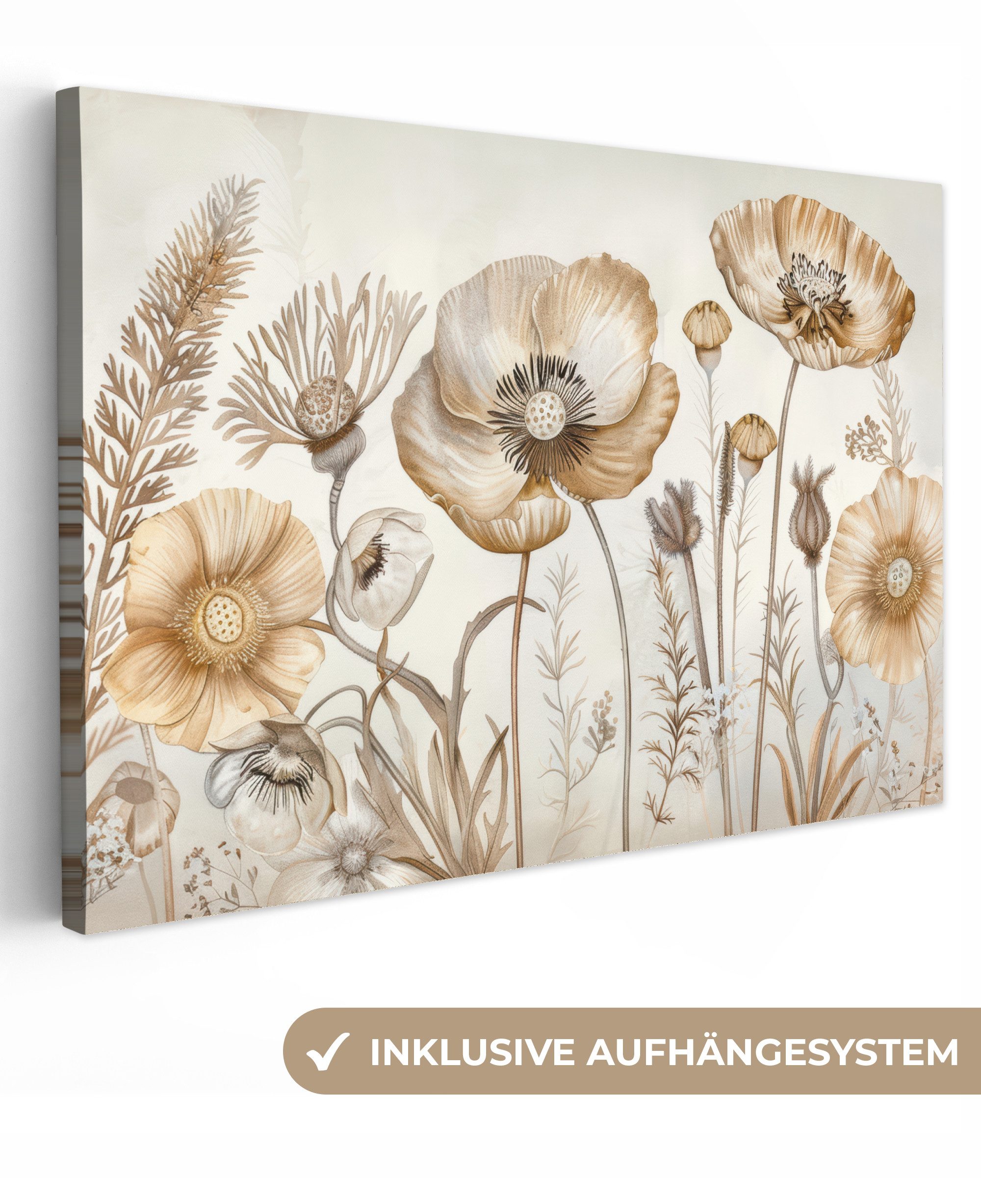 Leinwandbild Blumen - Beige - Natur - Illustration