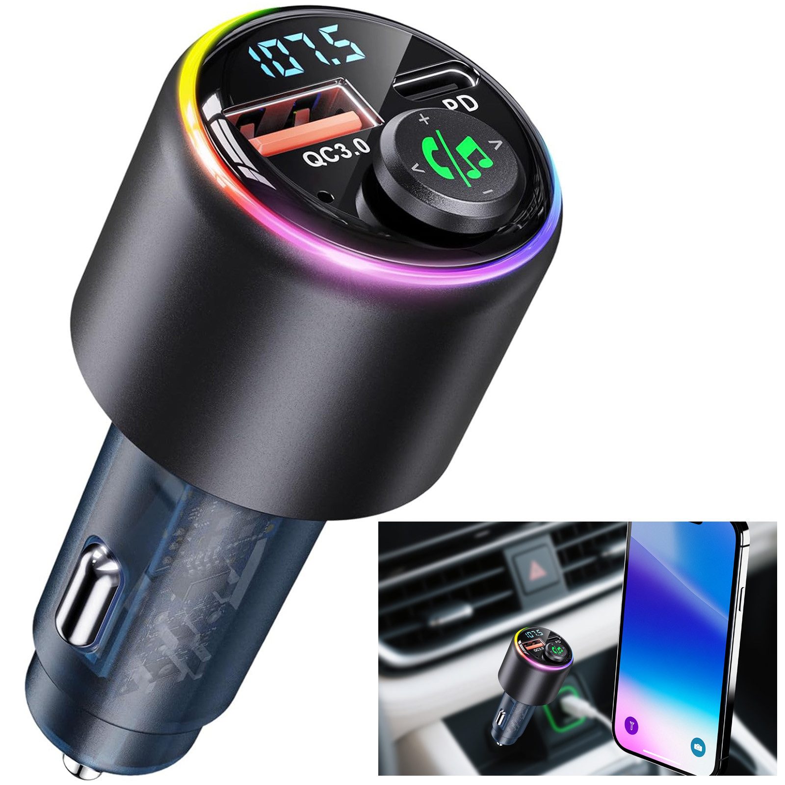Auto Bluetooth 5.3 Adapter FM Transmitter Ladeadapter KFZ-Transmitter