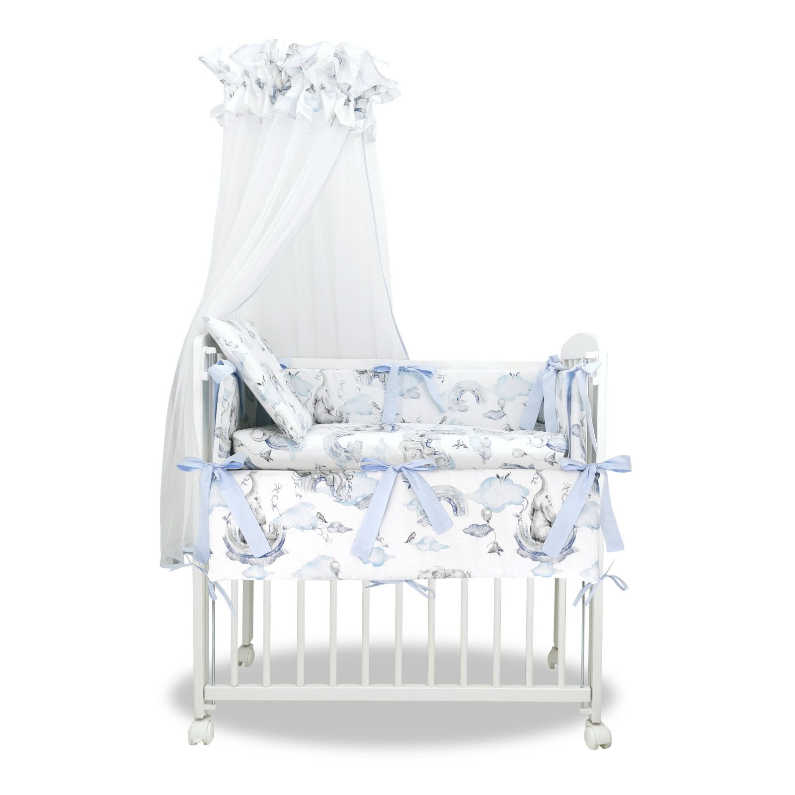 Baby-Delux Beistellbett Babybett Elefant Blau, 10-tlg., Stillbett 90x40 weiß höhenverstellbar, Matratze inkl. komplett Set