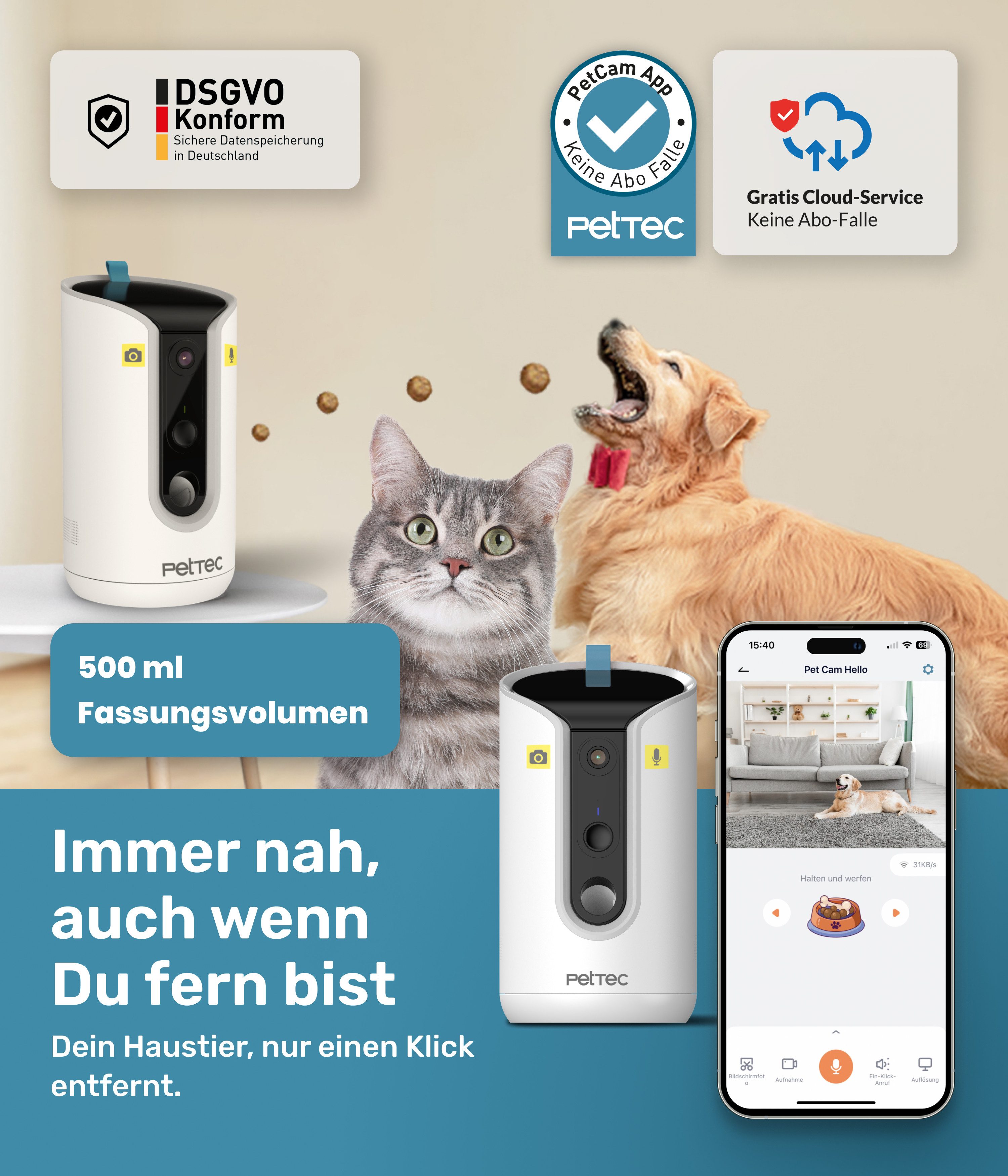 PetTec Überwachungskamera Pet Cam Hello (Innenbereich, Wohnzimmer, Schlafzimmer, Kinderzimmer, Leckerlieauswurf) – Bild 3 von 5