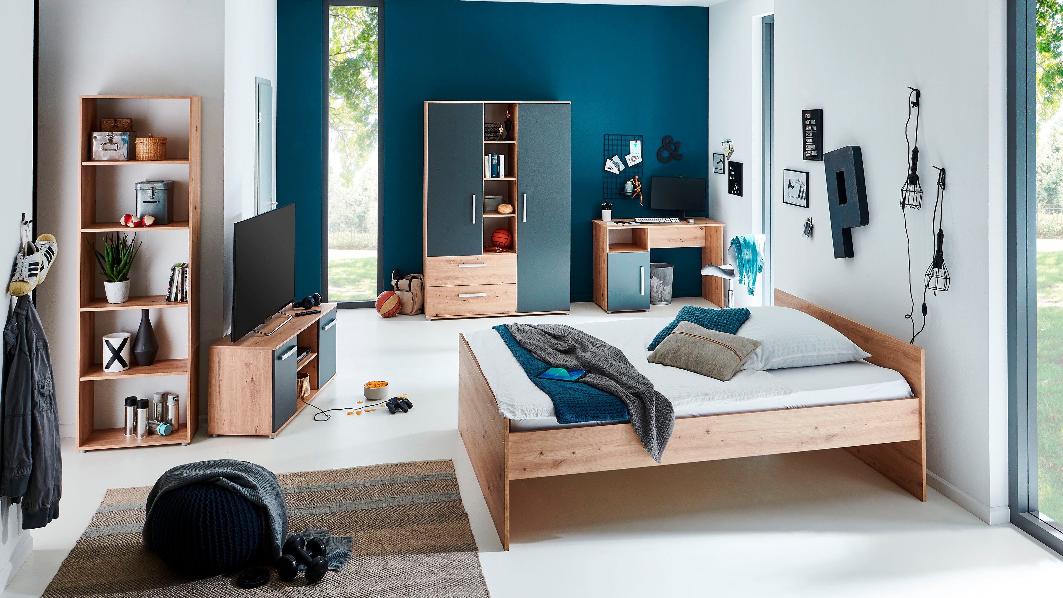 arthur berndt Jugendzimmer-Set Alessio, (Set, 5-tlg., Bett, Kleiderschrank, Schreibtisch, Standregal und TV-Lowboard), mit Melamin-Oberfläche