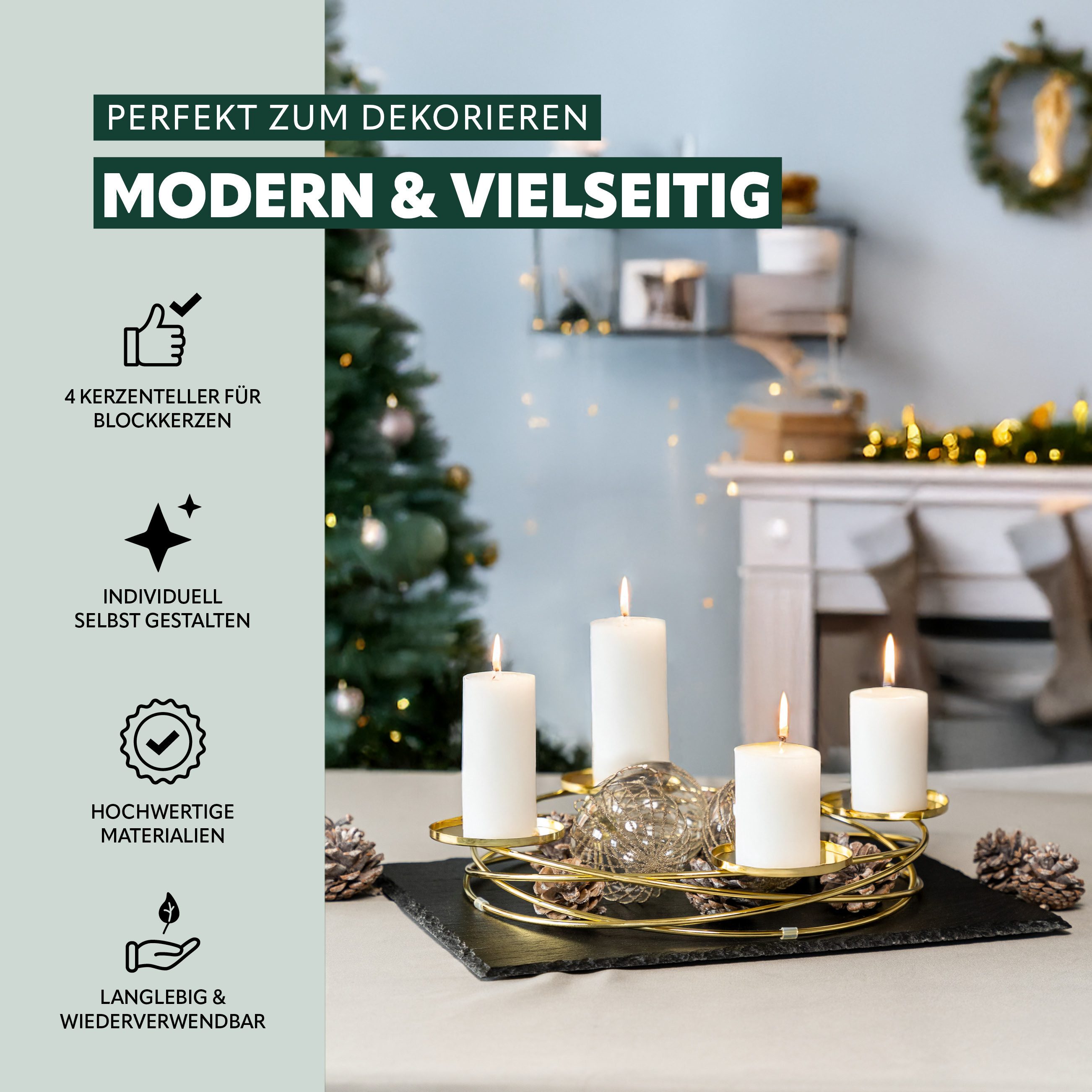 bremermann Kerzenhalter in Kranzform, für Stumpenkerzen, Kerzenständer gold