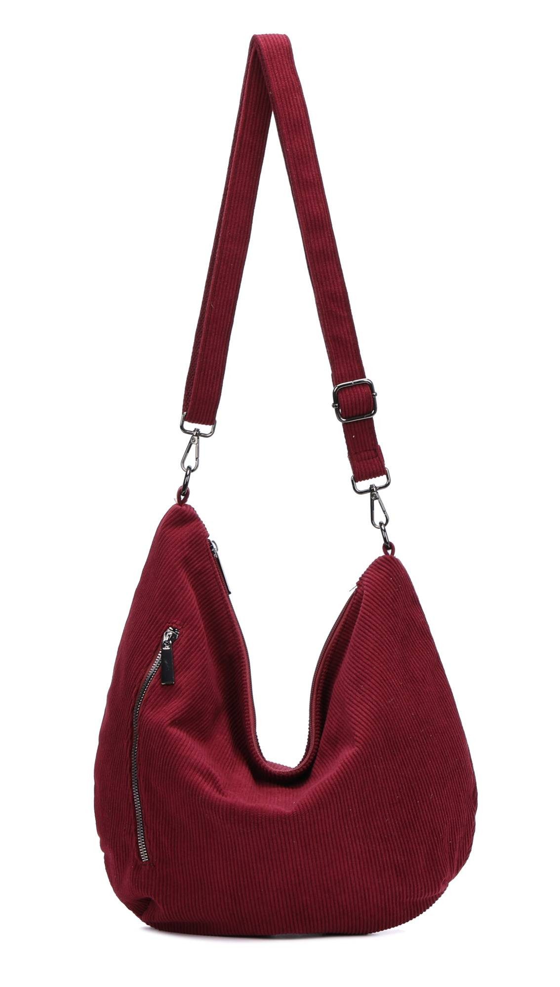 ITALYSHOP24 Schultertasche Damen Halbmond Tasche aus Cord CrossOver Body Bag Umhängetasche, Runde Cordtasche Asymmetrisches MOON Brust Slingtasche Wildlederoptik
