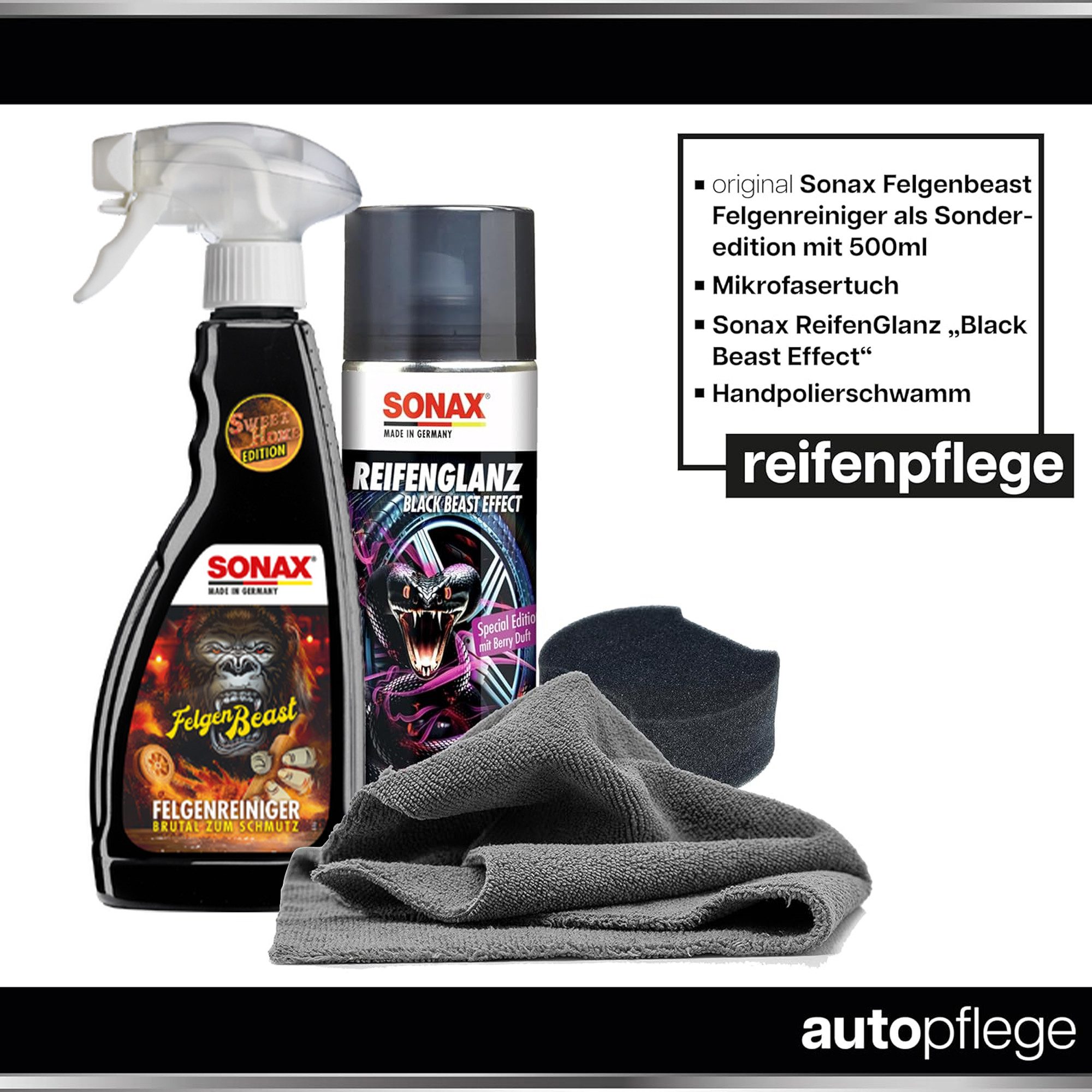 Sonax Sonax Reifen Glanz Set Special Edition mit Schwamm und Tuch Reifenpflege, Special Edition - Mikrofasertuch - Applikatorschwamm