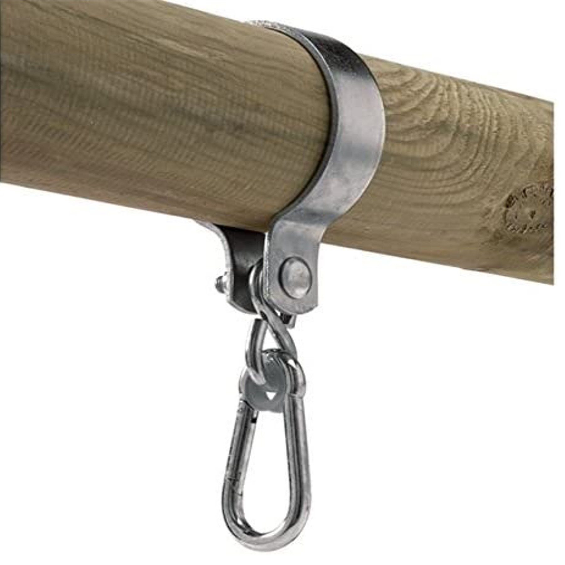 Loggyland Schaukelhaken Schaukelschelle verzinkt rundum für Rundbalken Ø80mm 2er Set, (Spar-Set, 2-St., Manschettenhaken mit Nylonlager), 2 Stück im Set, mit Karabiner und Kunststoffbuchse