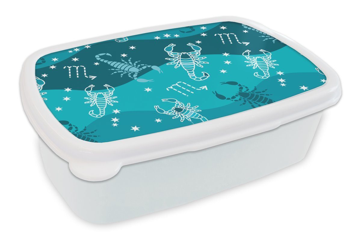 MuchoWow Lunchbox Skorpion - Tierkreiszeichen - Muster, Kunststoff, (2-tlg), Brotbox für Kinder und Erwachsene, Brotdose, für Jungs und Mädchen weiß
