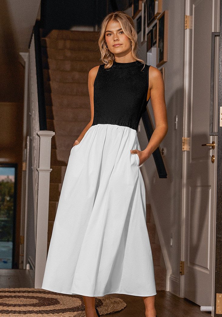 Cupshe A-Linien-Kleid Schwarzes Tanktop mit hohem Kragen & weißes Maxikleid mit Rock – Bild 2 von 5