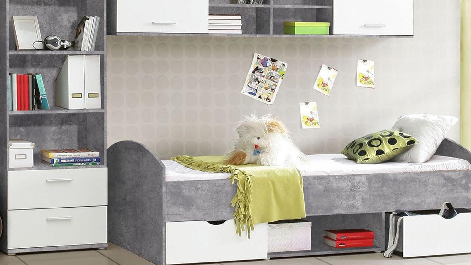 Forte Jugendzimmer-Set Jugendzimmer Lupo Schrank Bett Regal Schreibtisch Beton grau und weiß, (5-tlg)