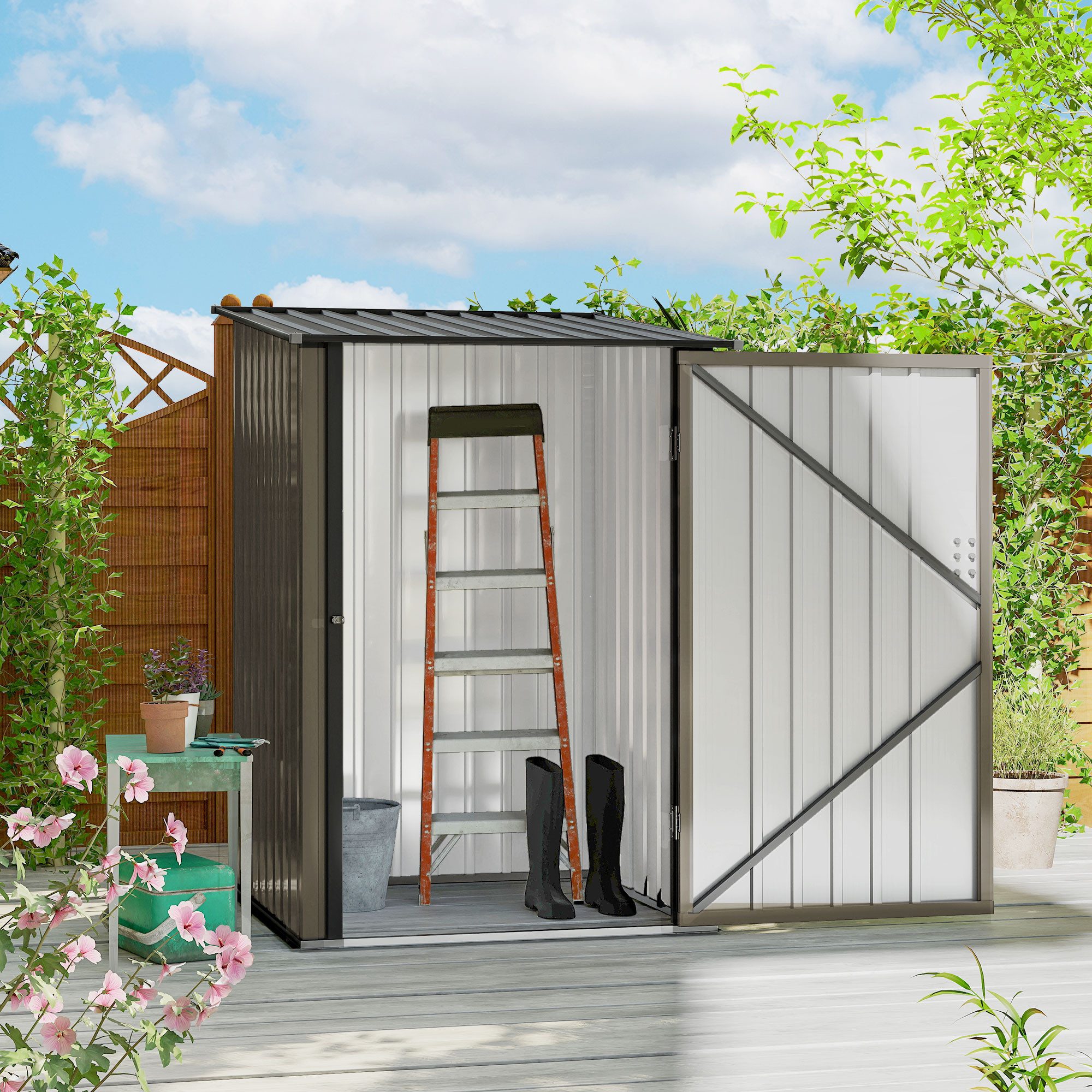 Outsunny Gerätehaus Metall 0,92 m² Geräteschuppen mit Pultdach Abschließbarer Tür, BxT: 100x103 cm, (Gartenschrank, 1 St., Geräteschrank), für Garten, Braun