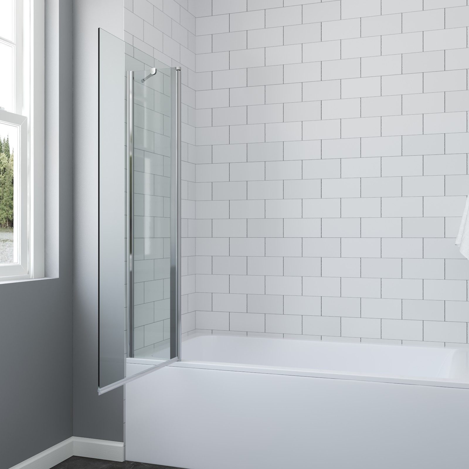 AQUALAVOS Badewannenaufsatz Badewannen Duschwand Glas 2-teilig 99,5 x 140 cm Rahmenlos Chromoptik, 6 mm Einscheiben-Sicherheitsglas (ESG) Beidseitig öffnend, mit Festteil Hebe-/Senkfunktion Chrom Aluprofil Wartungsarm Langlebig