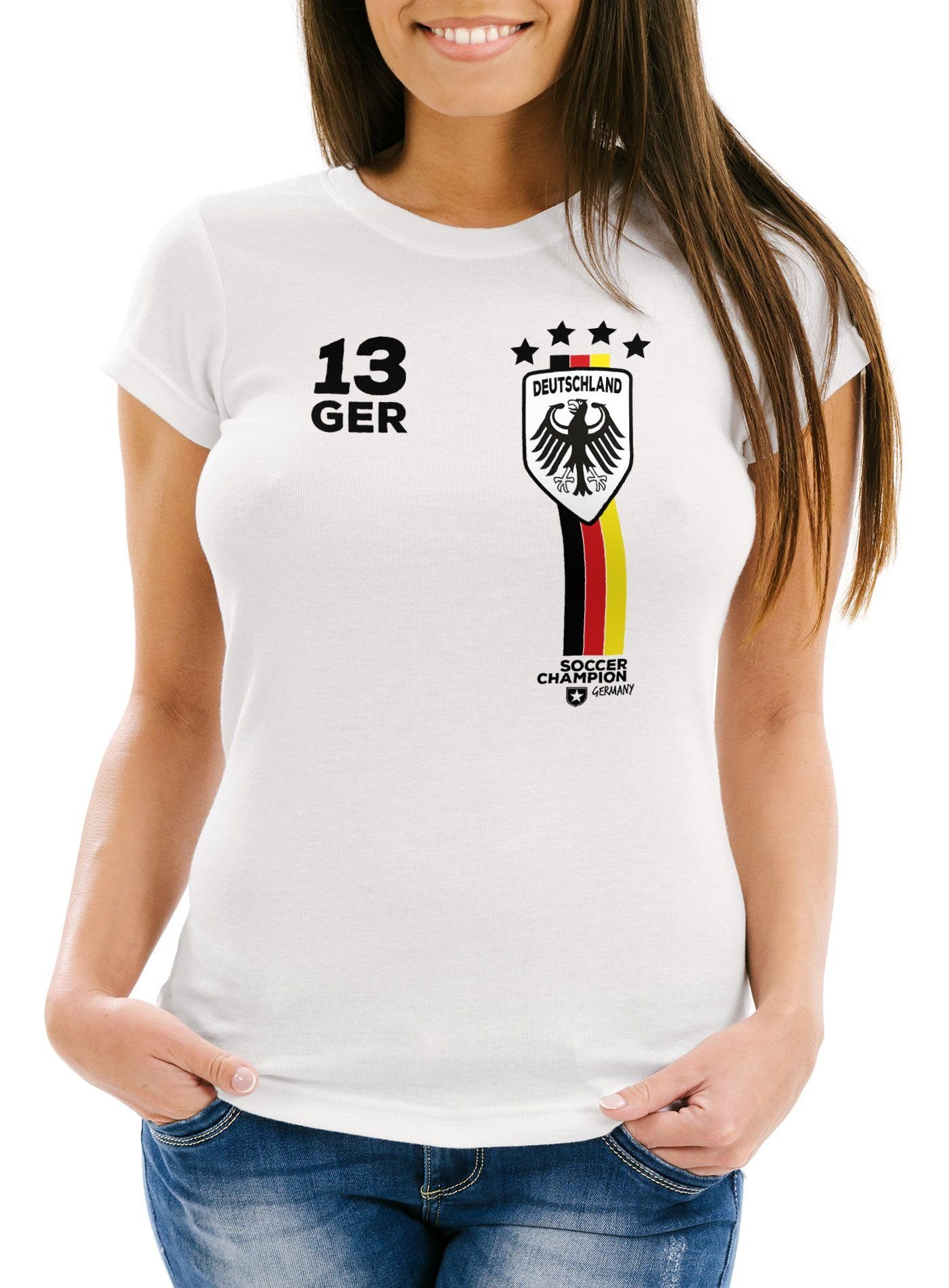MoonWorks Print-Shirt Damen T-Shirt Fanshirt Fußball EM WM Deutschland Trikot Slim Fit mit Print