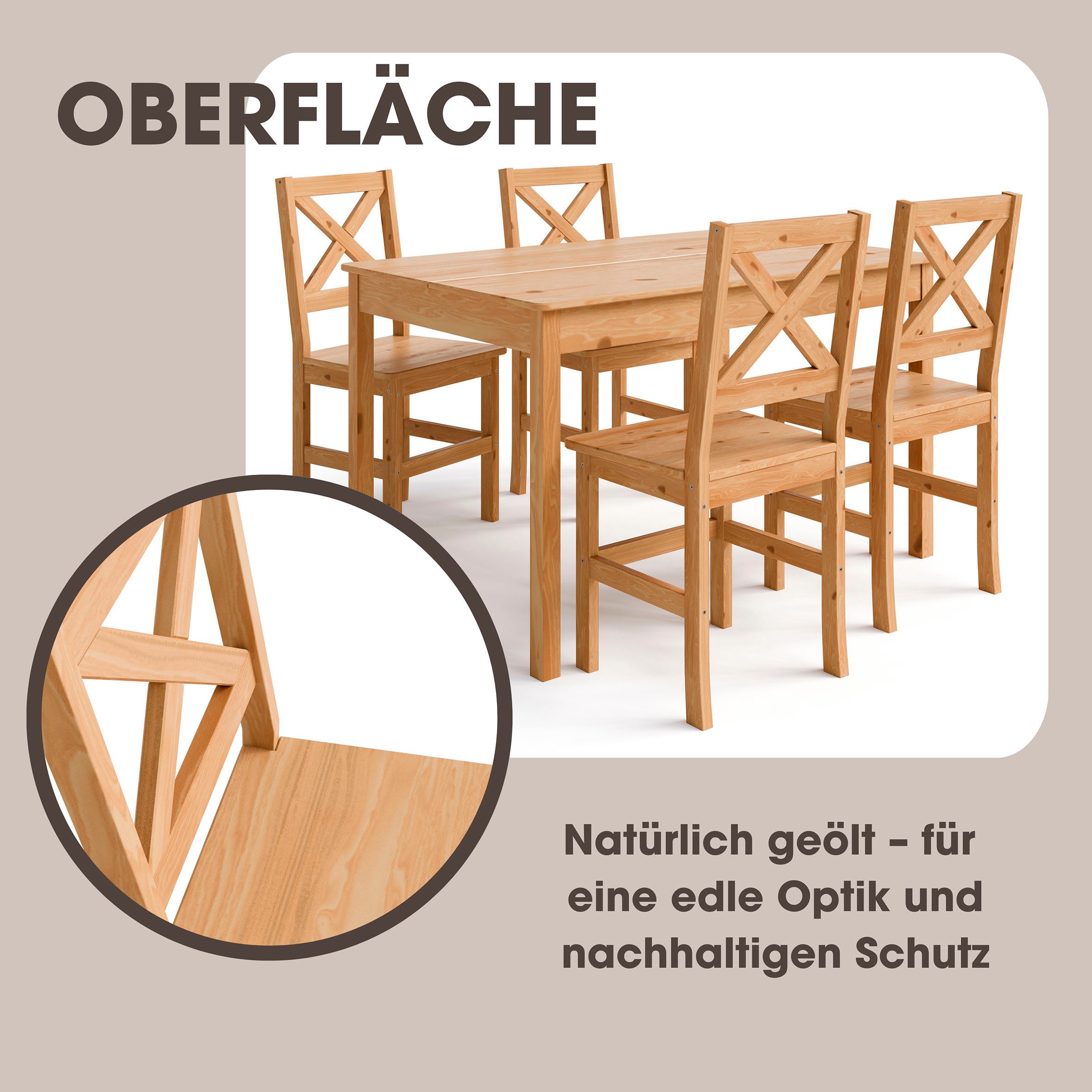 Home affaire Essgruppe Malmö, (Set, 5-tlg), bestehend aus Tisch und Stühlen in Kiefer Massivholz naturfarbig