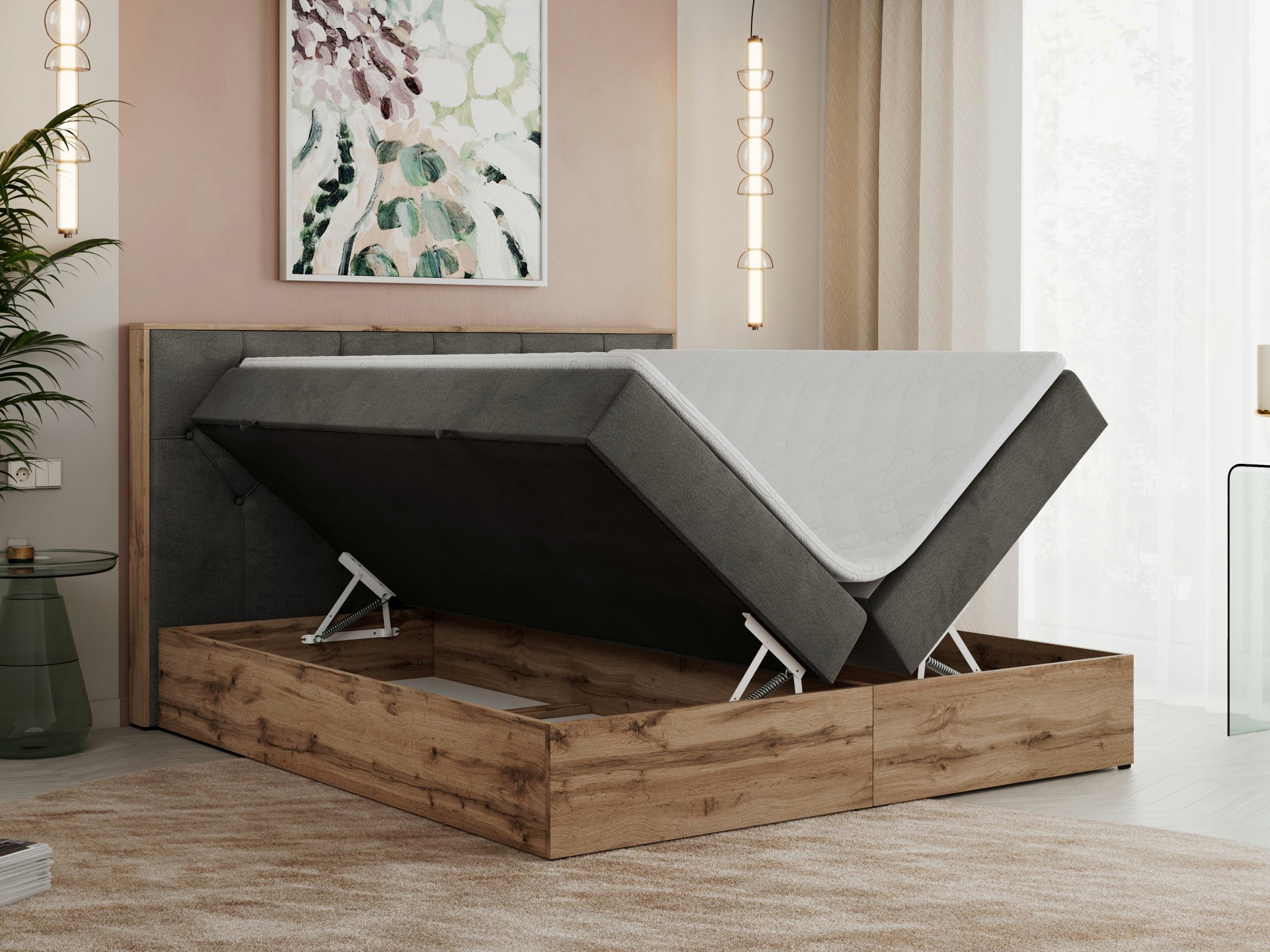 MKS MÖBEL Boxspringbett VENETO (Polsterbett, zwei Bettkästen, Topper T25/Visco, T30-Schaum), Multipocket Matratzen, Rahmen des Bettes in Eichen-Optik