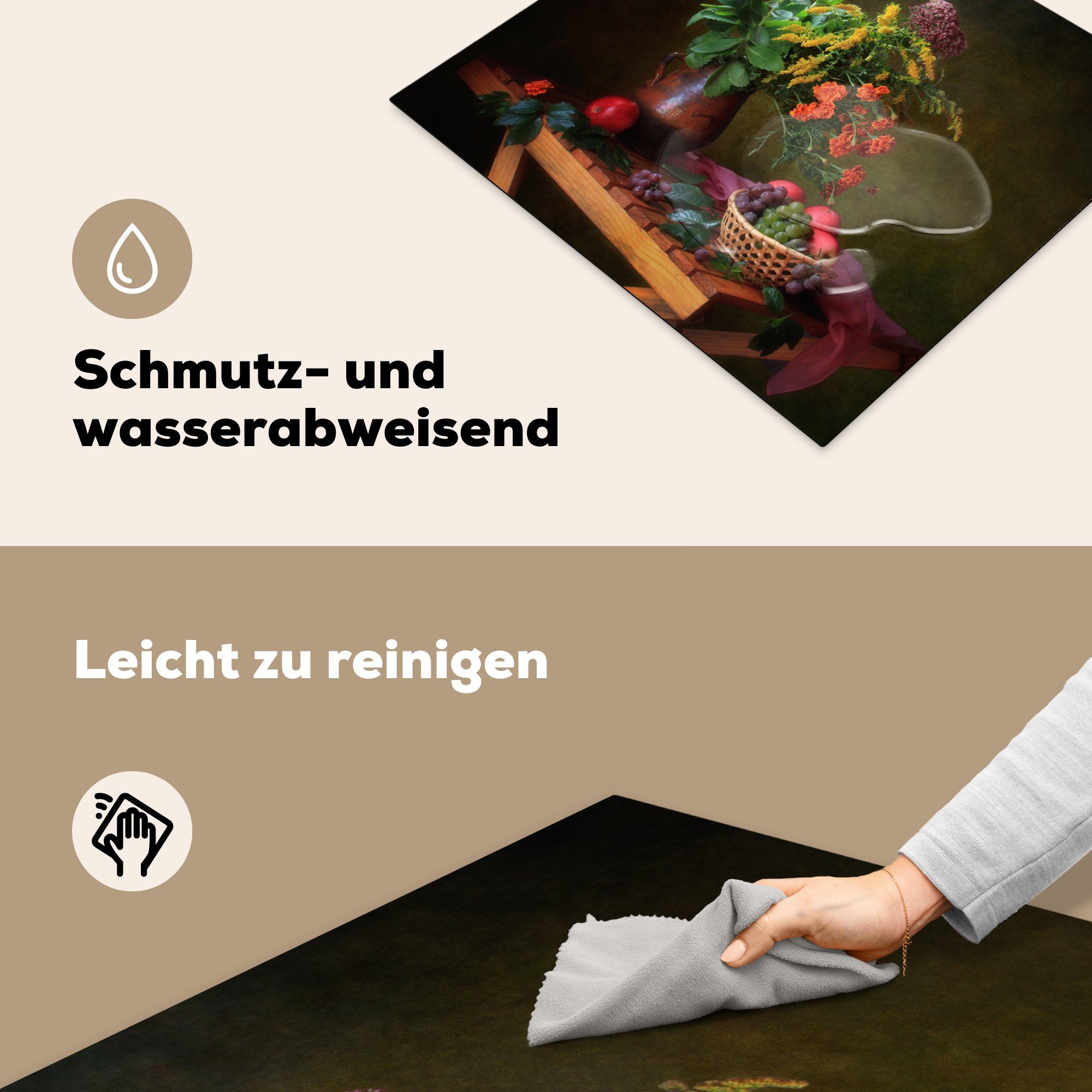 MuchoWow Herdblende-/Abdeckplatte Stillleben Malerei Vinyl, Induktionsherd, Induktionskochfeld - 58x51 tlg), Blumen für cm, (1 Küchen Tisch - Kunst, - - Dekoration - Obst