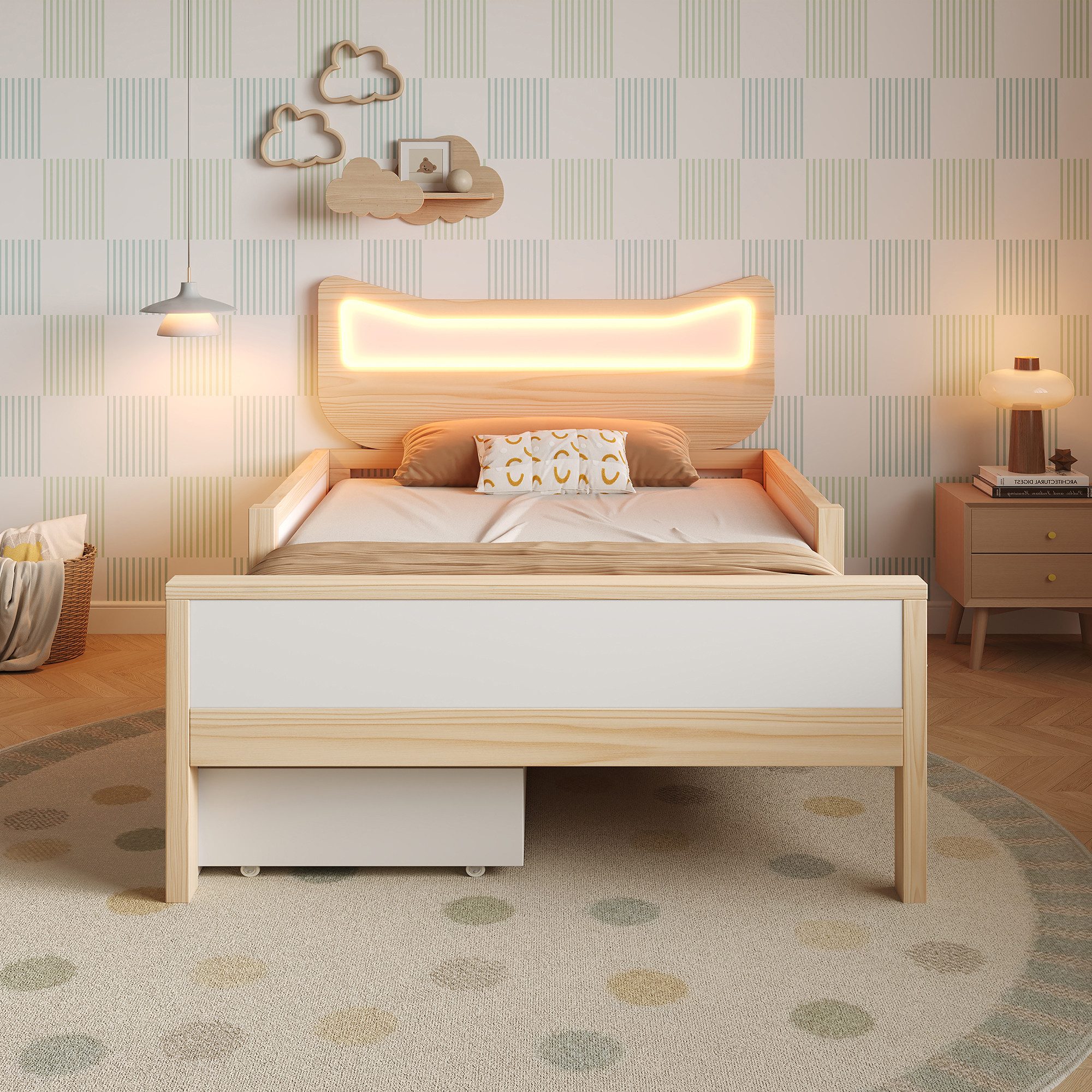 Flieks Kinderbett flexible Schublade & Staufach links/rechts montierbar, Massivholzbett 90×200 cm mit Katzenohren Kopfteil und LED‑Beleuchtung