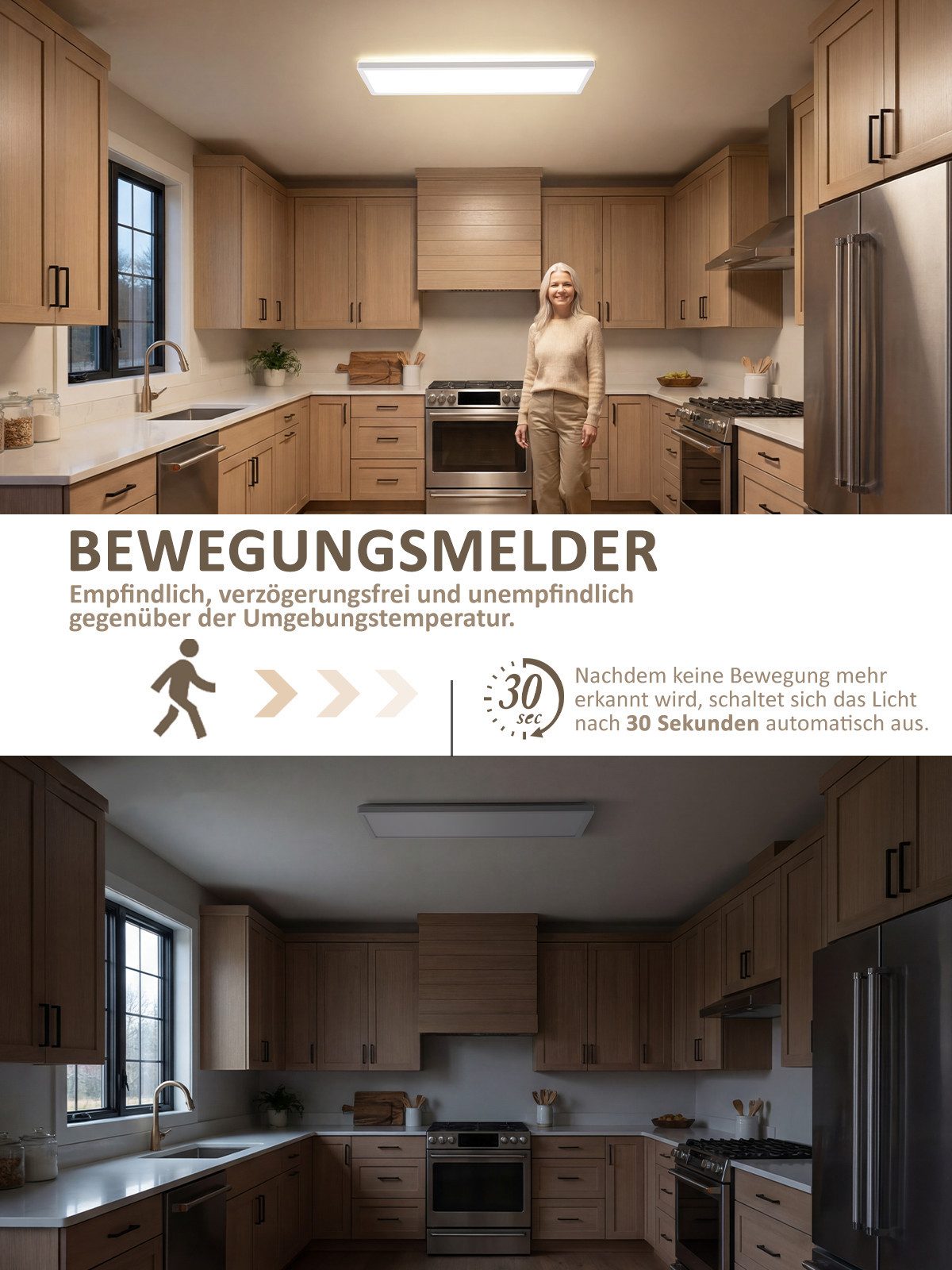 Nettlife LED Panel deckenleuchte bewegungsmelder 24W 120/165°Erfassungswinkel, LED fest integriert, für Flur Garage rechteckig 58 x 20 cm – Bild 5 von 5