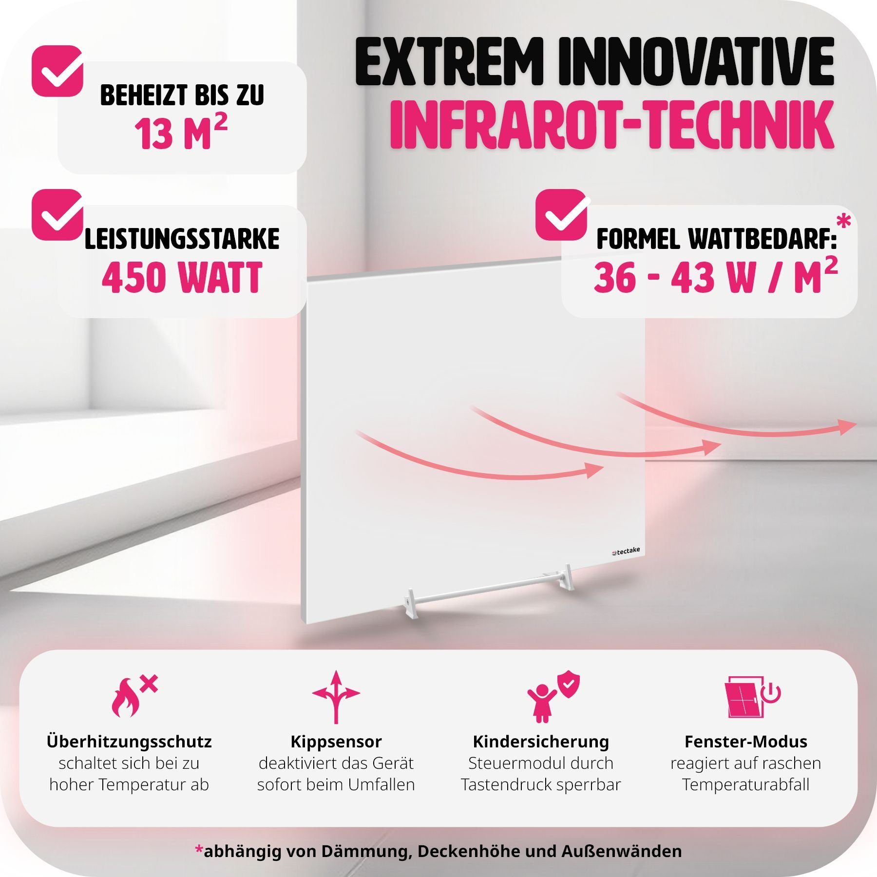 tectake Heizkörper Infrarotheizung, rahmenlos mit Thermostat