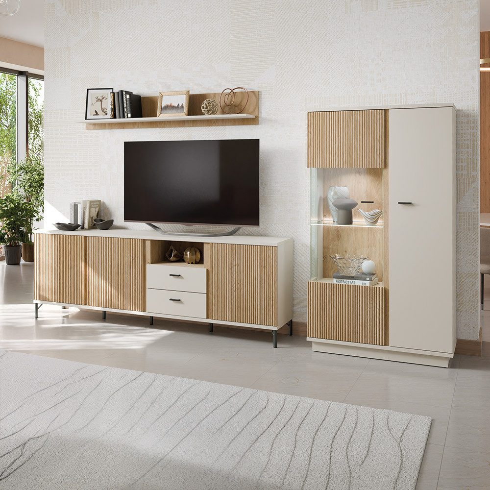 Lomadox Wohnzimmer-Set MOLINA-129, (Mega-Spar-Set, 3-St., Highboard Lowboard Wandregal), Wohnzimmermöbel in Eiche & kaschmir mit Softclose & LED-Beleuchtung