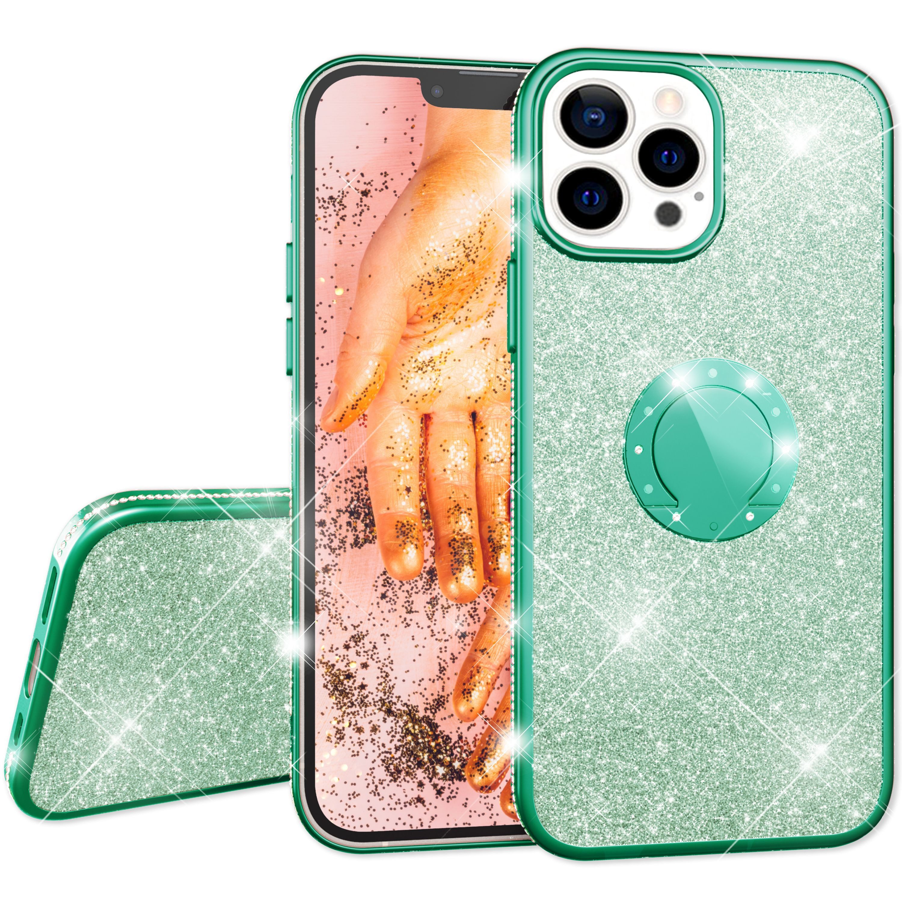 Nalia Smartphone-Hülle Apple iPhone 13 Pro 15,5 cm (6,1 Zoll), Glitzer Ring Silikon Hülle / 360 Grad Finger-Halter / Standfunktion