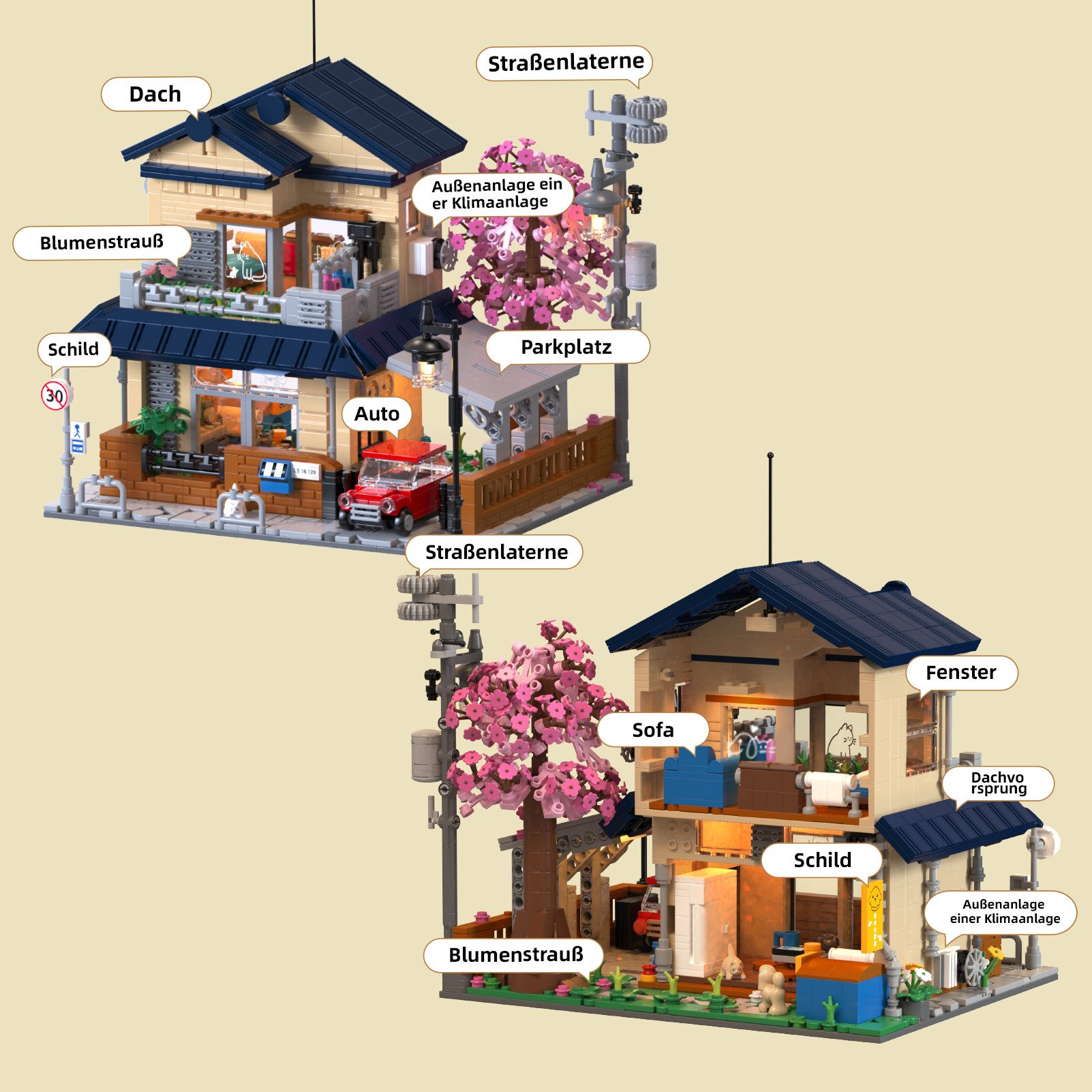 Esun Bausteinmodell Eines Japanischen, Japan Kirschblüten Häuser Garten Spielbausteine, (Set, 1935 St., Komplettset), Modell einer Villa Deko mit Beleuchtung - 1935 St.