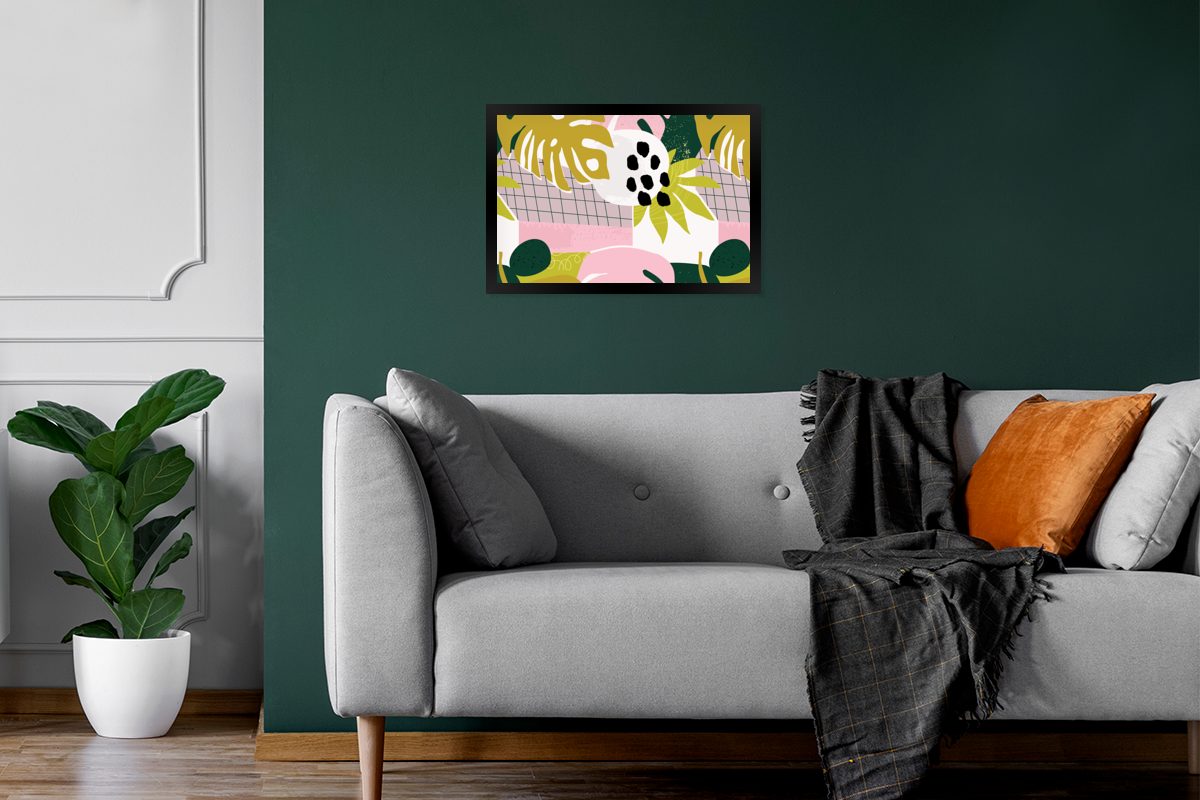 Poster, - Gerahmtes Tropische Bilder, Gelb Wanddeko, Wandposter, St), Bilderrahmen Poster (1 - Schwarzem Pflanzen Muster, Rosa - MuchoWow