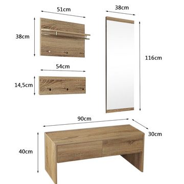 style home Garderoben-Set 4tlg. Flurgarderobe Wandgarderobe, Holz Komplettgarderobe-Set, (4-St., inkl. Spiegel, Bank, 2 Garderobenpanel), für Flur Diele Wohnzimmer