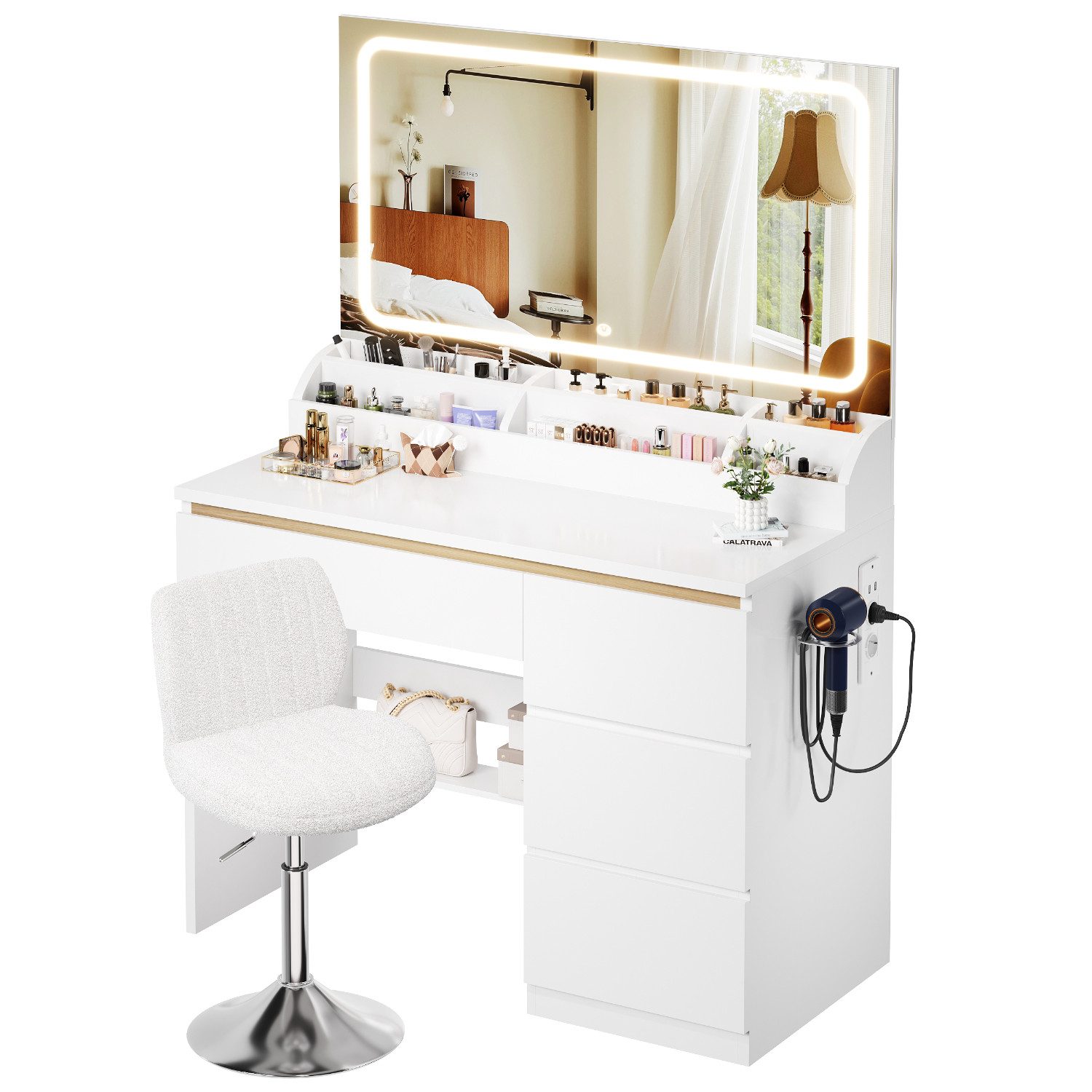 HOMALL Schminktisch Schminktisch mit 80 cm Spiegel und LED-Beleuchtung (Abmessungen: 80 × 40 × 137 cm Mit vier Schubladen und sechs Staufächern Drei einstellbar – Bild 2 von 5