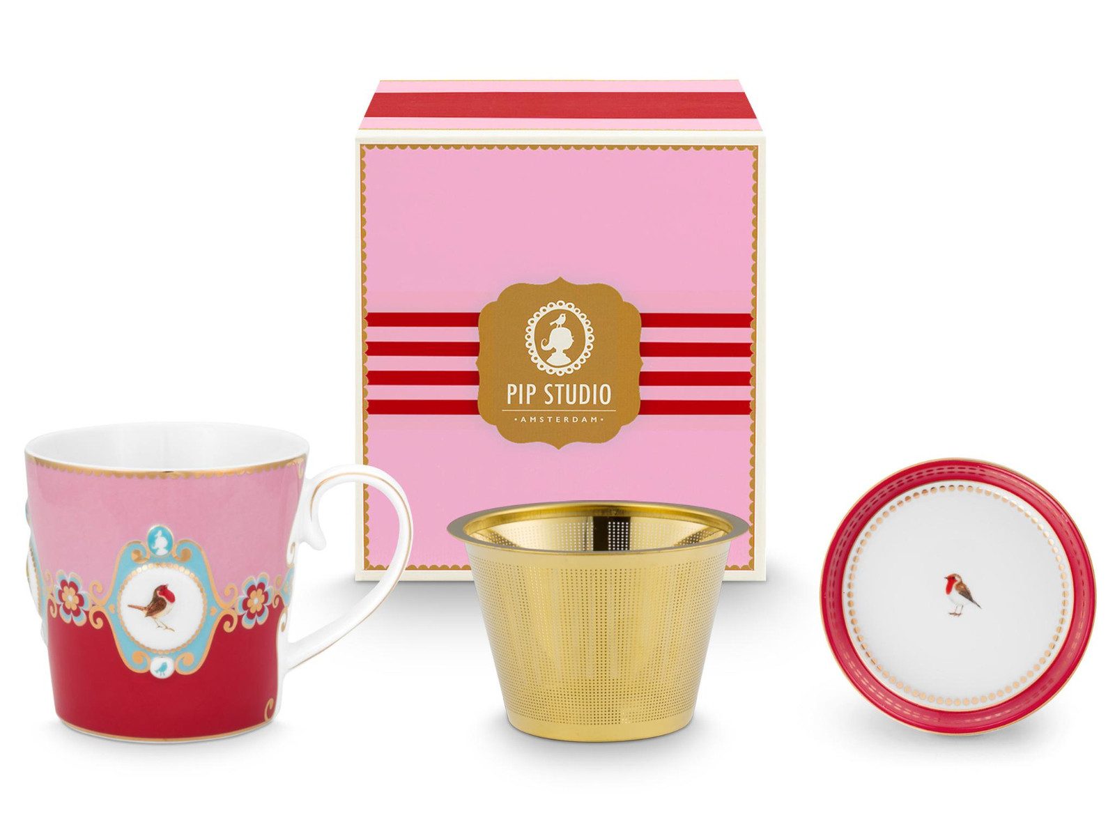 PiP Studio Geschirr-Set Love Birds Medallion Red-Pink Teeset für eine Person, Porzellan
