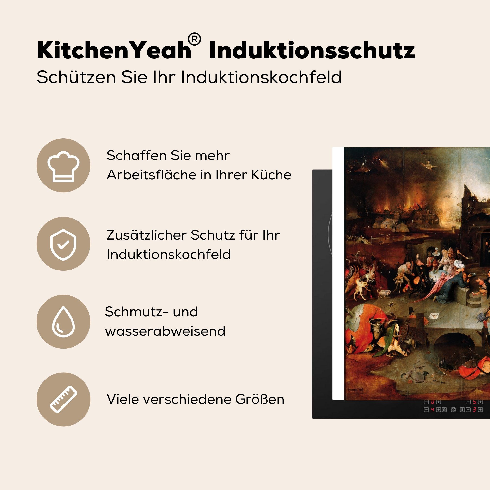 Antonius Bosch, für - Vinyl, Arbeitsplatte tlg), 78x78 Hieronymus von Gemälde MuchoWow (1 Herdblende-/Abdeckplatte Ceranfeldabdeckung, küche Versuchung des cm, Heiligen