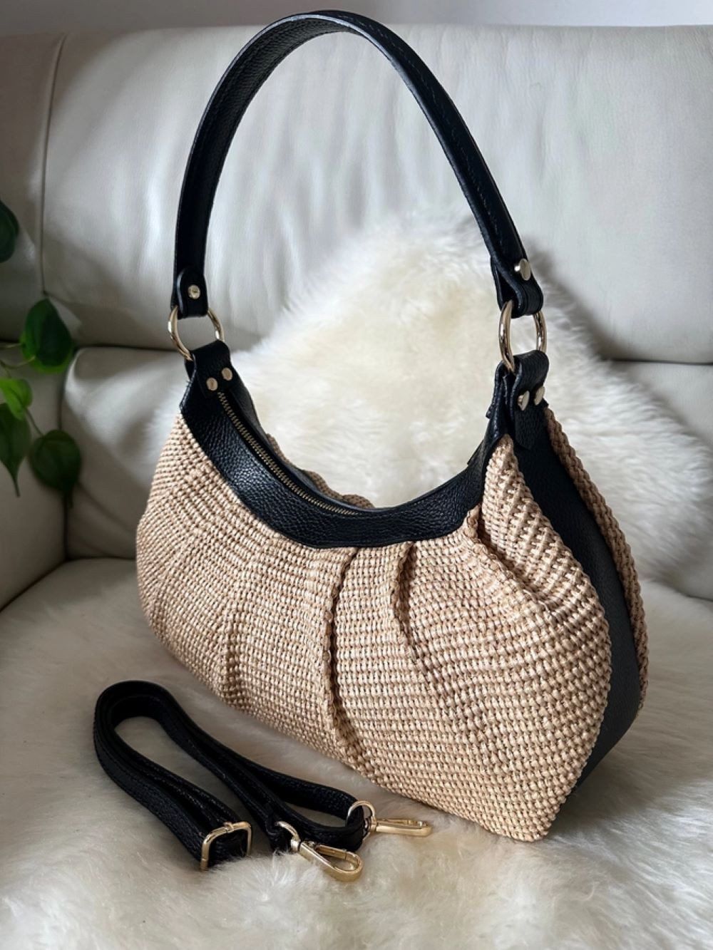 Goodman Design Schultertasche Raffiatasche mit Echtleder günstig online kaufen