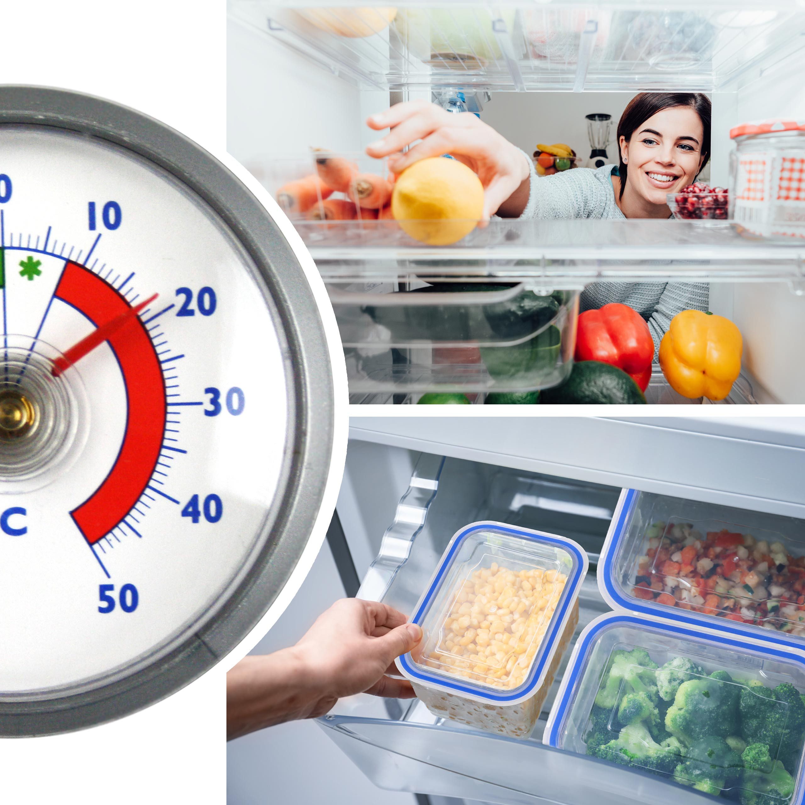 Lantelme Kühlschrankthermometer 3 Stück Selbstklebend Gefrierschrank Kühltheke Kühlschrank Thermometer, 3-tlg., 3 Stück im Set, Farbauswahl, Klebepads anbei, Deutsche Herstellung, Temperaturanzeige + - 50°C Analog