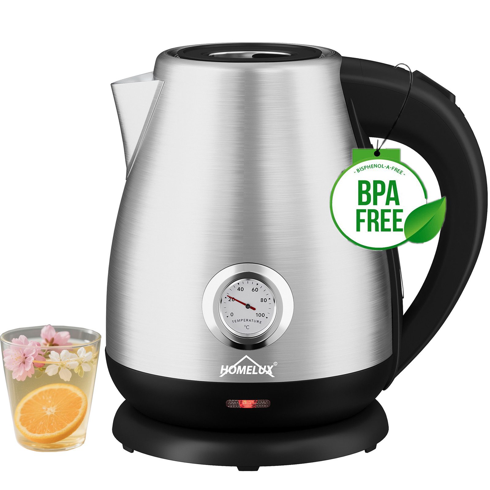 HOMELUX Wasserkocher Retro mit Temperaturanzeige Edelstahl Vintage Teekocher, 1,7L, 1.7 l, 2200 W, Vintage Design mit Kalkfilter, 1,7 Liter für Kaffee, Tee