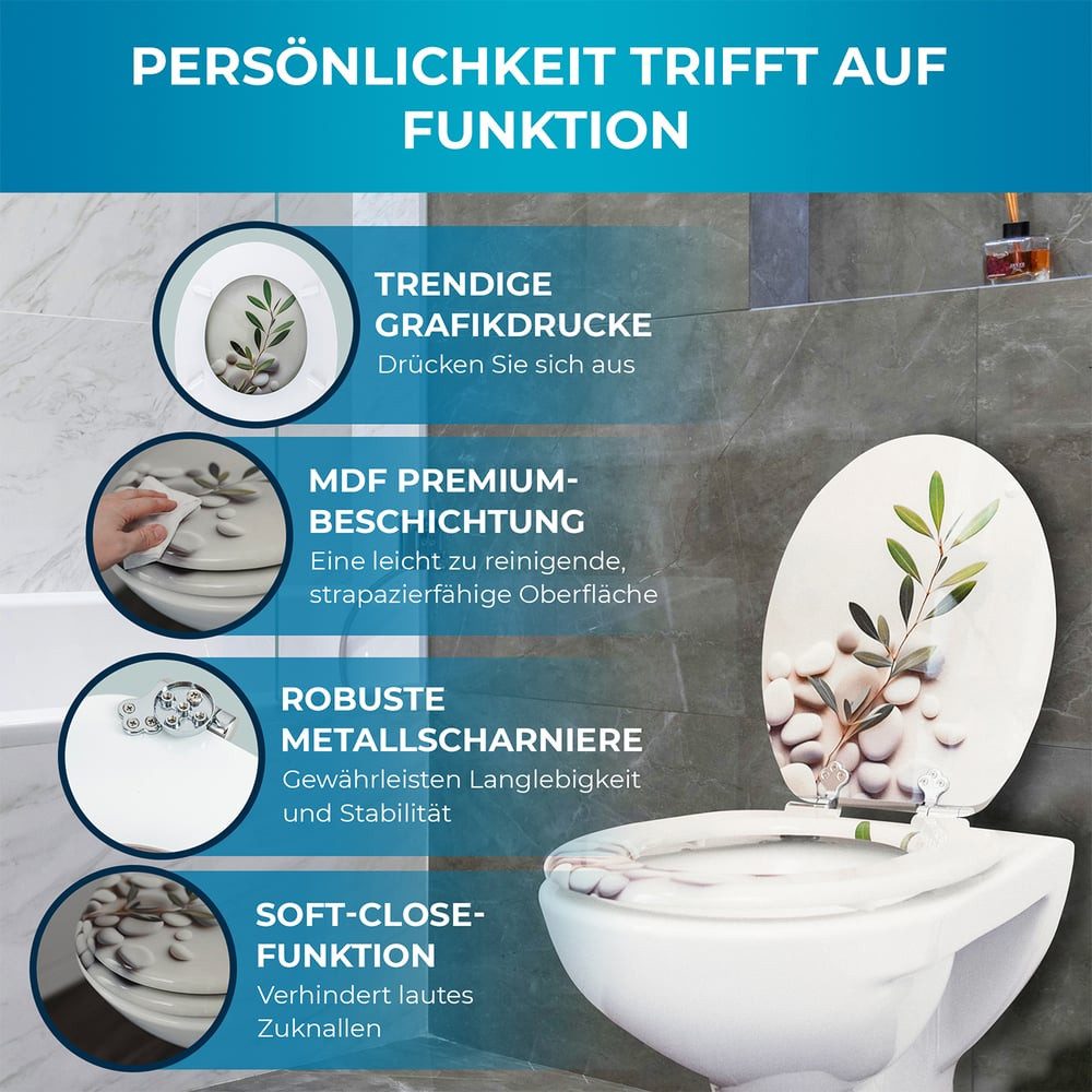 Benkstein WC-Sitz Premium WC-Deckel antibakteriell, bedruckter Deckel, Duroplast Klodeckel mit Quick-Release-Funktion und Absenkautomatik – Bild 4 von 5