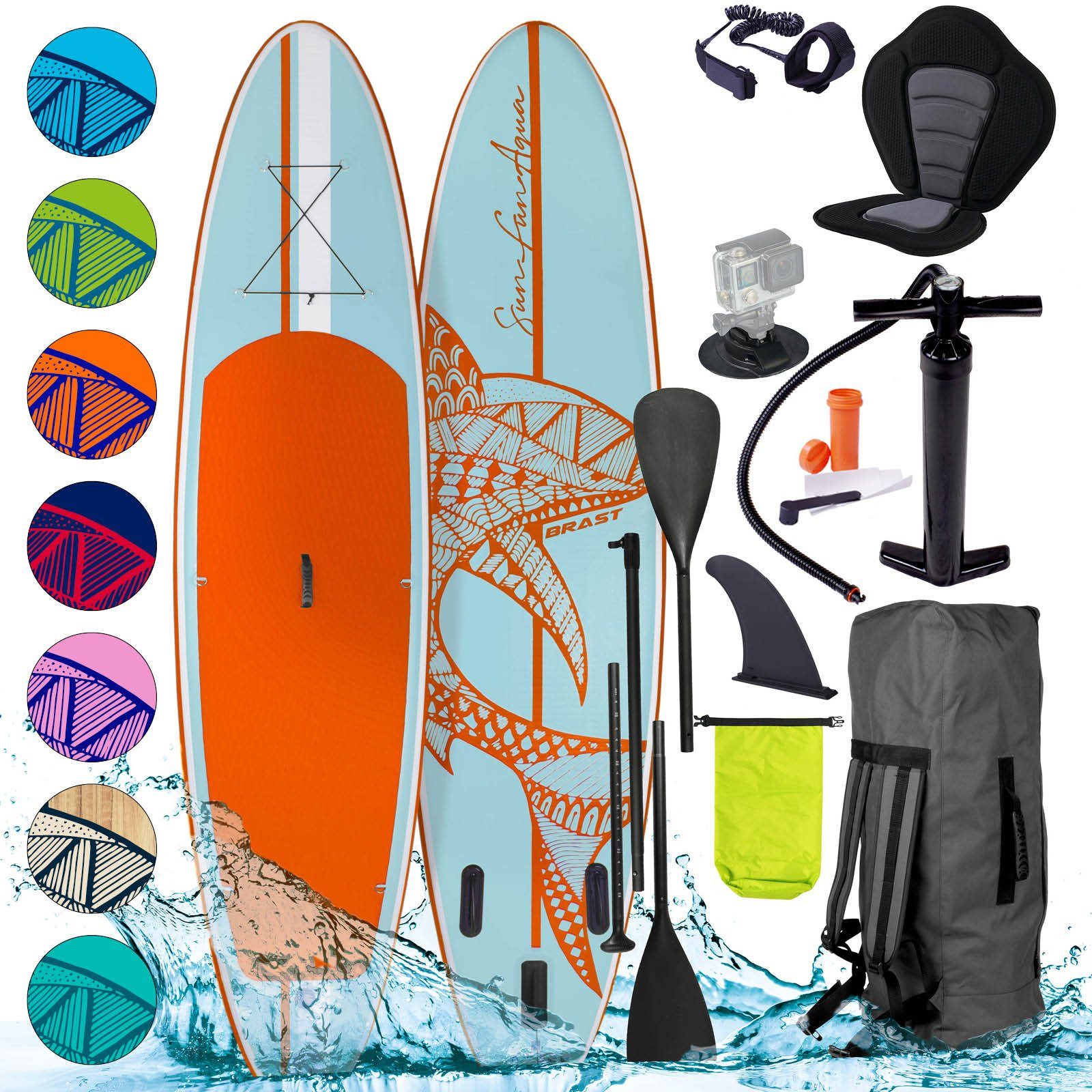 BRAST SUP-Board Shark Aufblasbares Stand up Paddle Set 300-365cm viele Modelle, inkl. Sonderzubehör, (2in1 Paddel Kajak-Sitz 5 Jahre Garantie, Action-Cam-Halterung Fußschlaufe Paddel Pumpe Rucksack), Fußschlaufe Paddel Pumpe Rucksack
