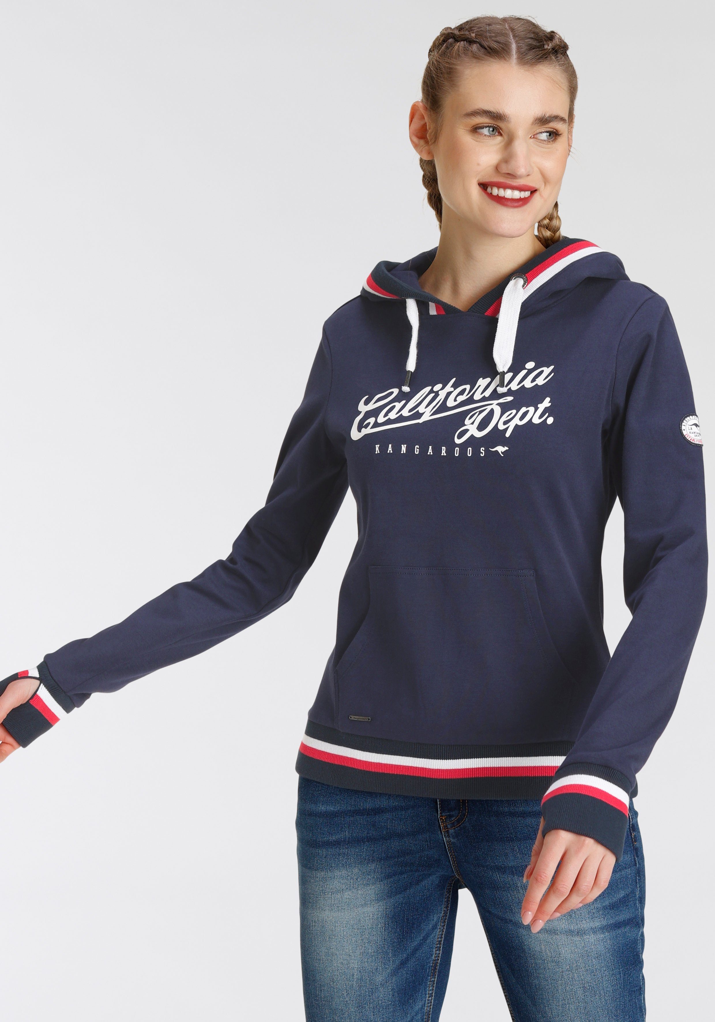 [Großer Ausverkauf nur jetzt] KangaROOS Kapuzensweatshirt mit großen Logoschriftzug - KOLLEKTION marine & NEUE Kontraststreifen