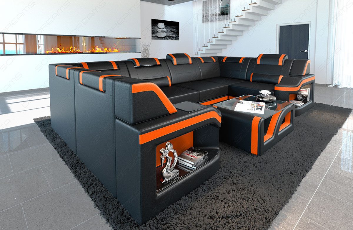 Sofa Dreams Wohnlandschaft Ledersofa Padua U Form Mini, Designersofa, Sofa mit Beleuchtung und USB