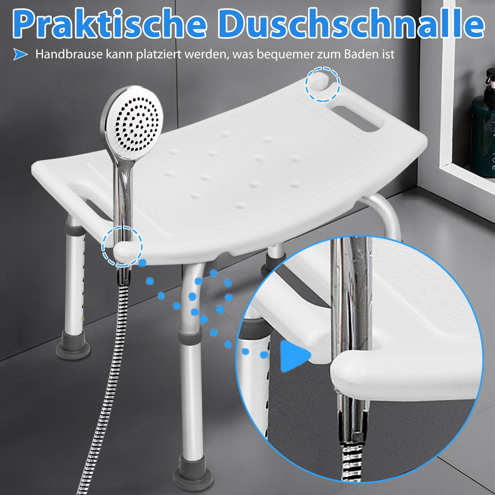 FIVMEN Duschstuhl 38-53cm Höhenverstellbar Duschhocker Anti-Rutsch Badsitz, Duschhilfe Duschsitz aus Alu und Kunststoff