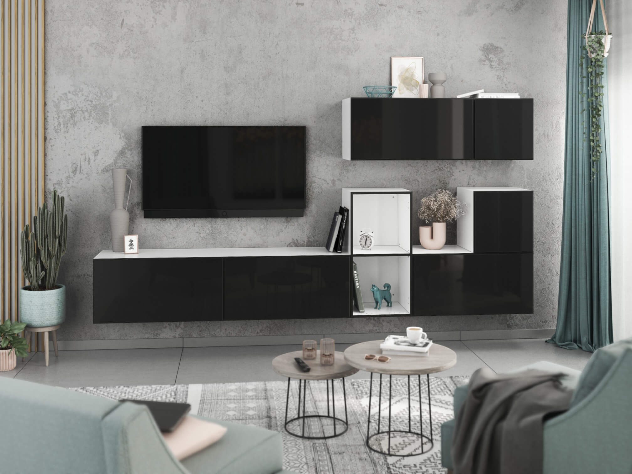 moebel-dich-auf Wohnwand VARIANTO 1, (7- teilig., besteht aus 4x Schrank mit Klappe, 2x Schrank mit Tür,1x offenes Regal), MDF Fronten tiefgezogen, Softclose