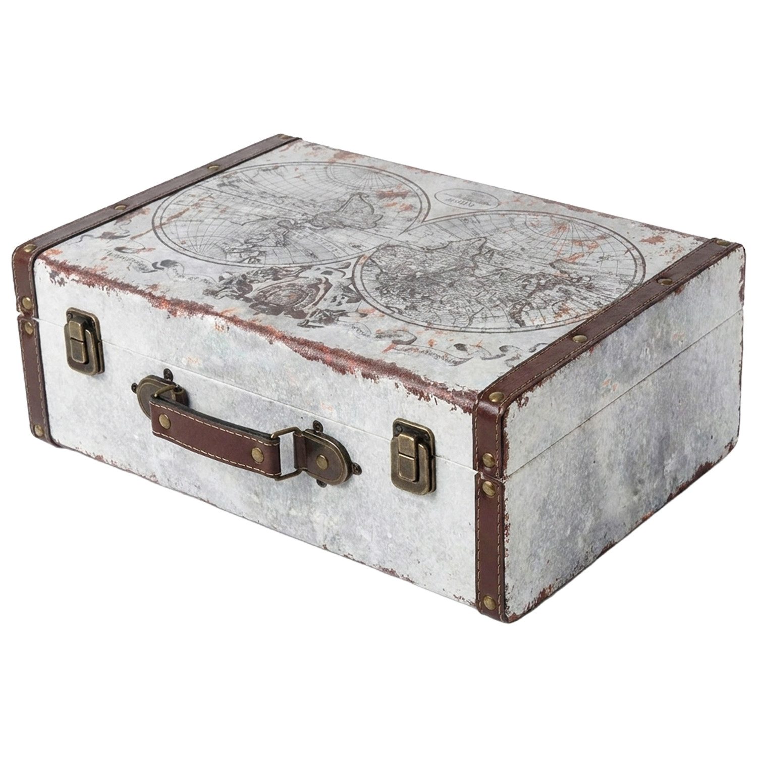 HMF Aufbewahrungsbox Vintage Koffer Holz, Aufbewahrungsbox mit Deckel und Ledergriff als, Geschenkidee für Hochzeit oder Geburtstag, Weltkarte, 38 x 26 x 13 cm