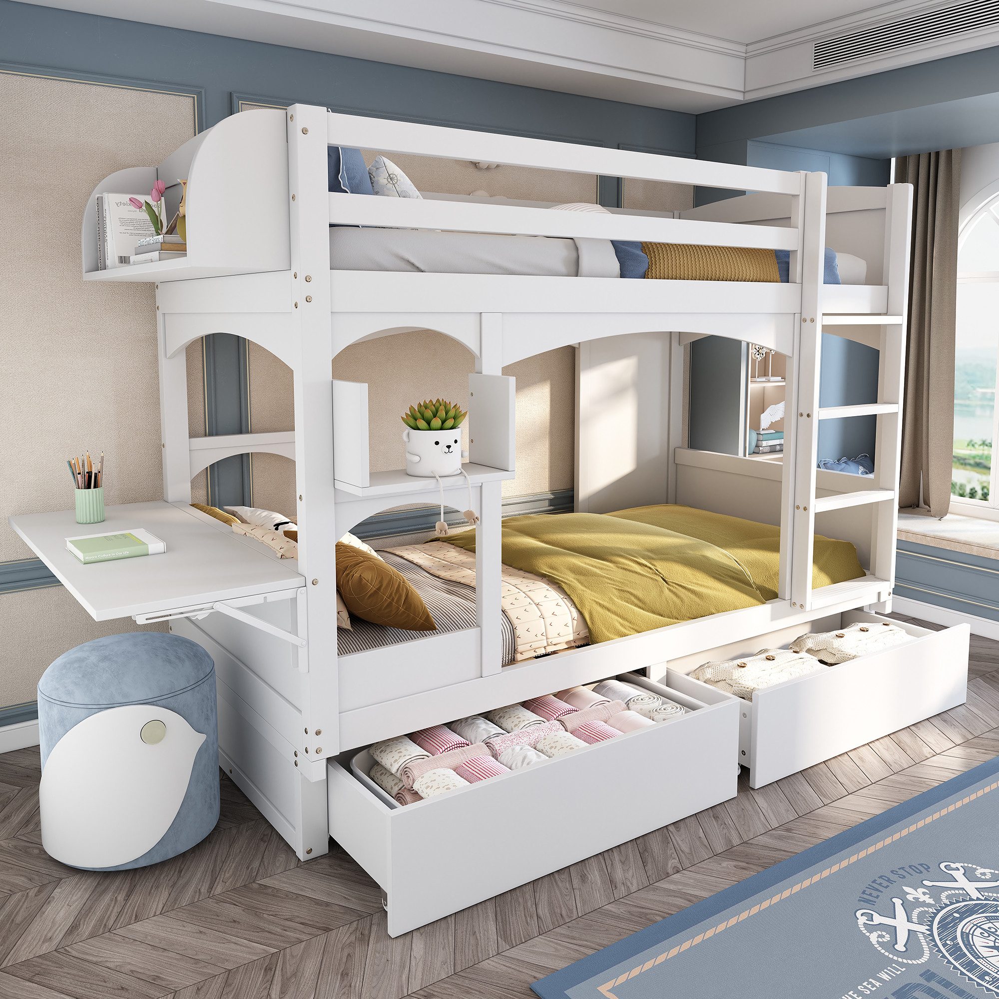 MODFU Kinderbett Etagenbett Hochbett (ohne Matratze, 90*200), mit klappbarem Schreibtisch,Regal,Leiter und 2 Schubladen,Massivholz