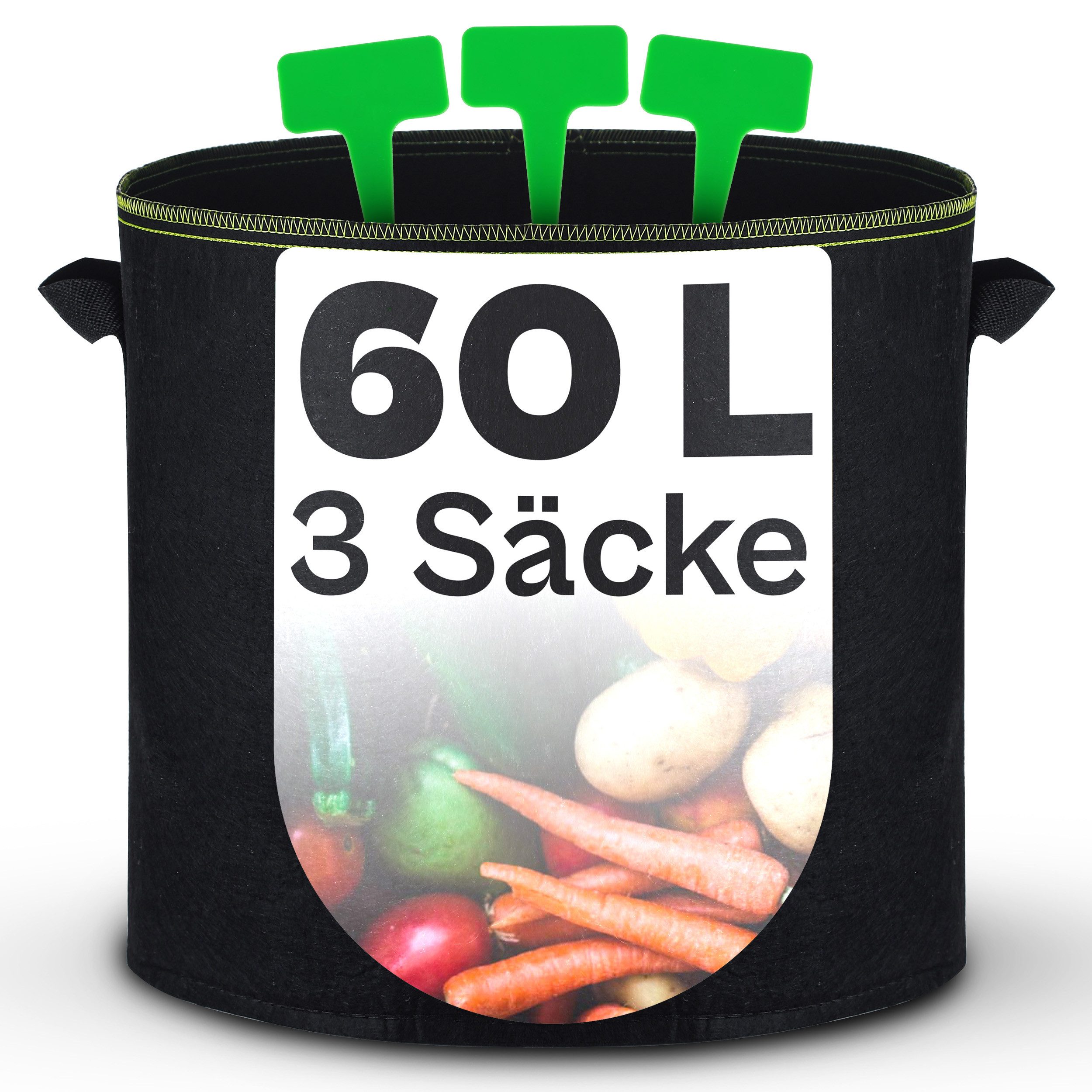 Praknu Pflanzkübel Pflanzsack 60l - 3 STK aus Vliesstoff mit 3 Schilder zum Beschriften (3er Set, 3 St), mit Griff - Für Gemüse, Pflanzen & Blumen - Stofftöpfe - Grow Töpfe