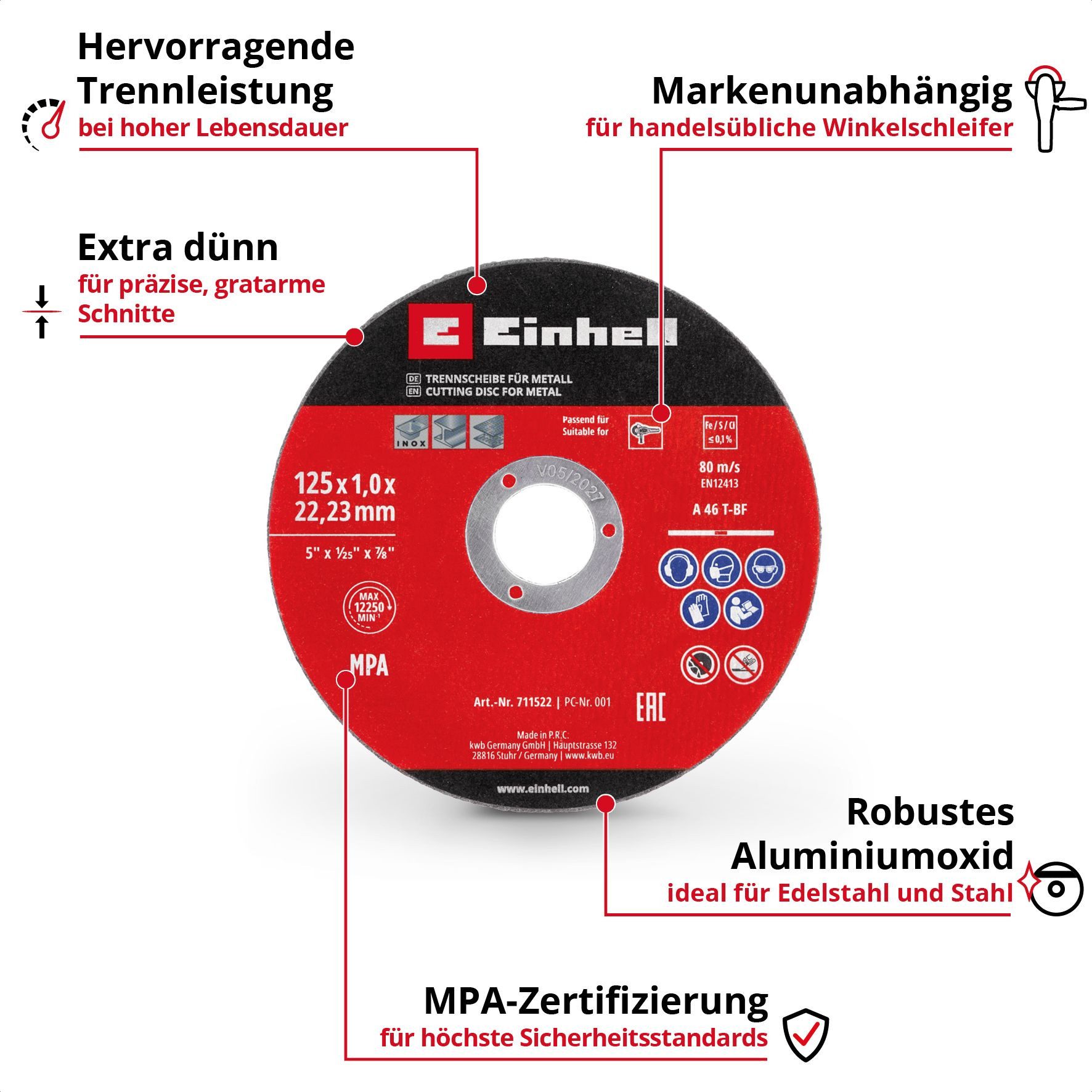 Einhell Trennscheiben Original Einhell 5-tlg. Dünntrennscheiben-Set für Metall, Ø 125 mm (1, (5-tlg), Original Einhell 5-tlg. Dünntrennscheiben-Set für Metall, Ø 125 mm (1